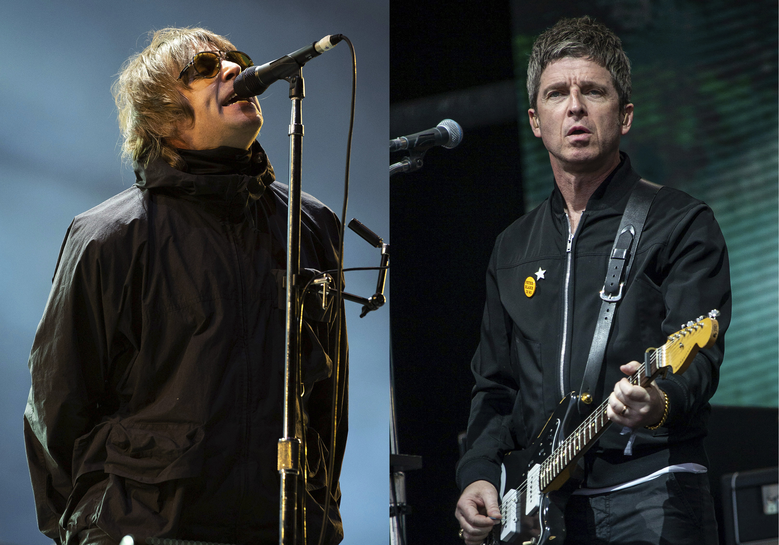 Liam Gallagher performs at the Reading Music Festival, England on Aug. 29, 2021, left, and Noel Gallagher performs at the Glastonbury Festival in Worthy Farm, Somerset, England,
