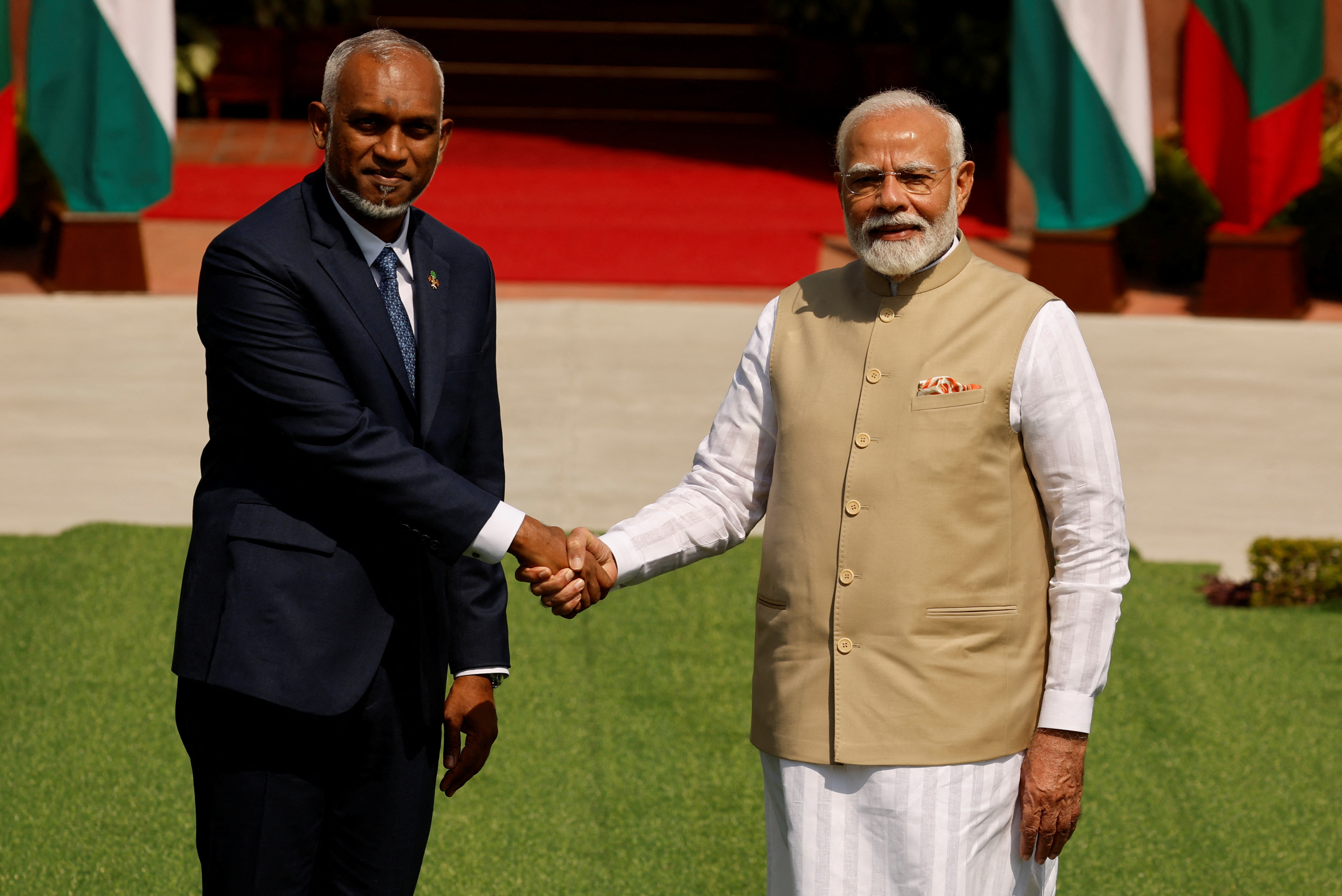 Maldives' President Mohamed Muizzu shakes hands with Indian Prime Minister Narendra Modi at Hyderabad House, New Delhi, India