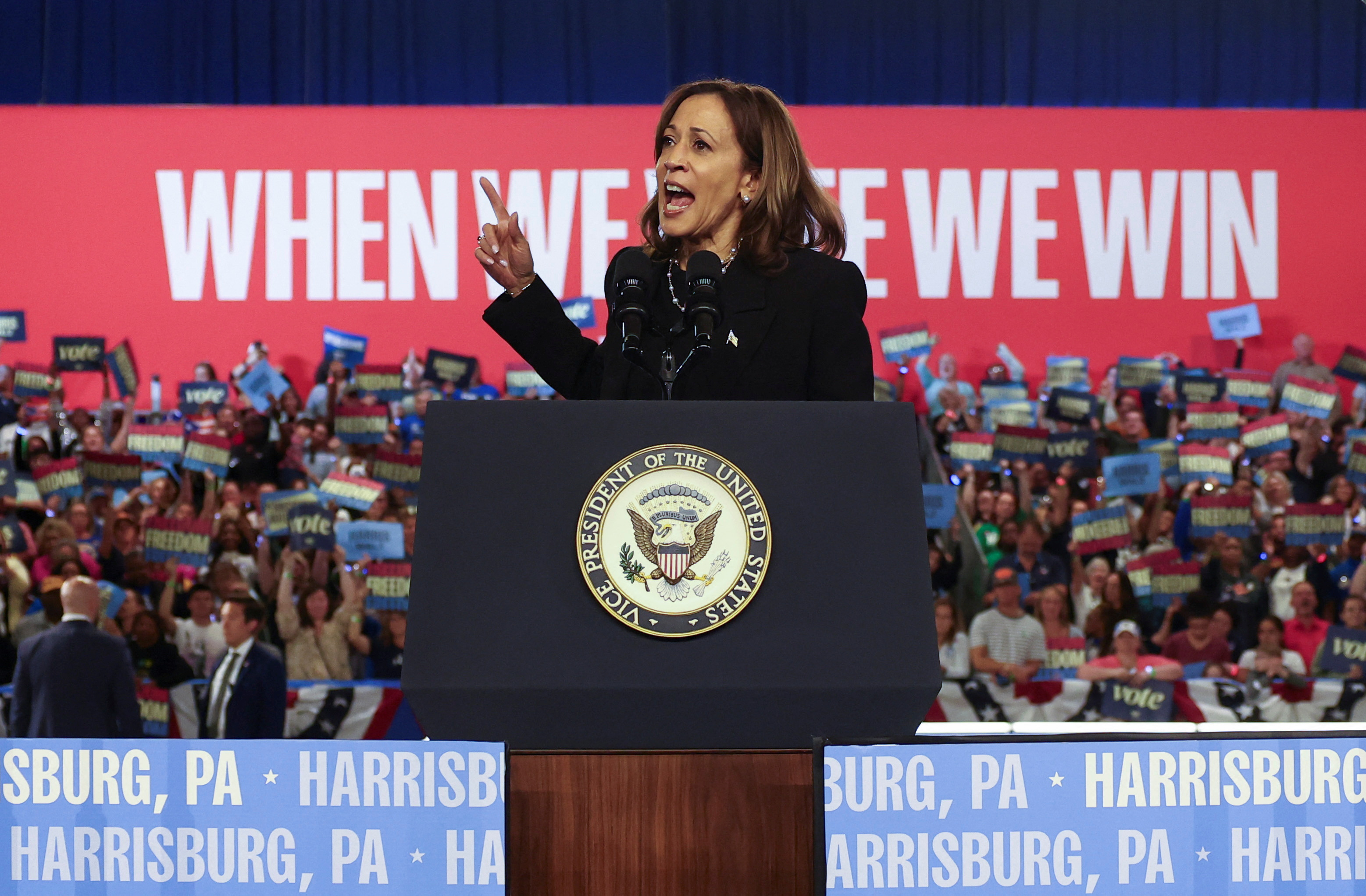 Harris speaks during a campaign rally