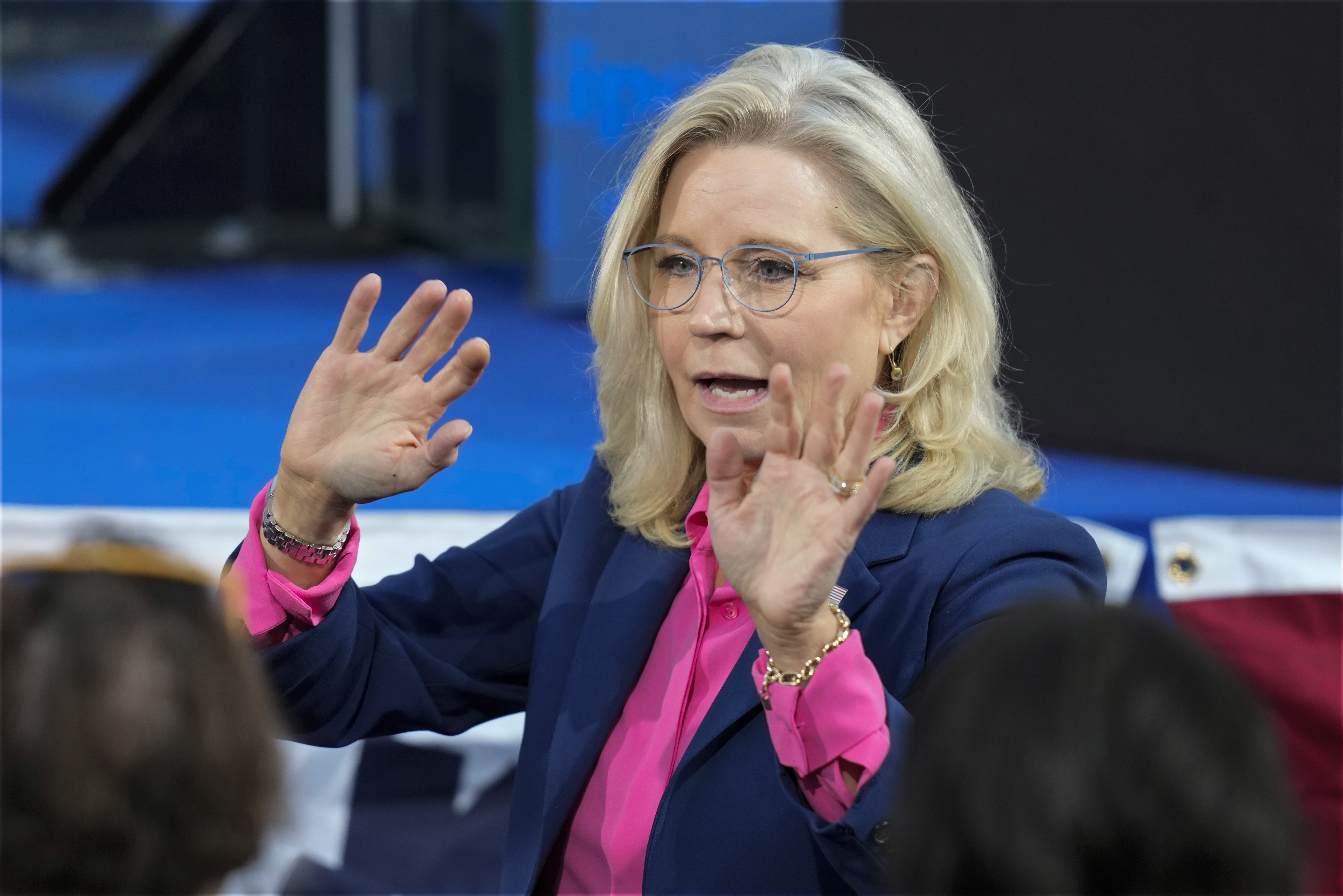 Liz Cheney, wearing a pink shirt and blue blazer, waves at the crowd at a Harris rally.
