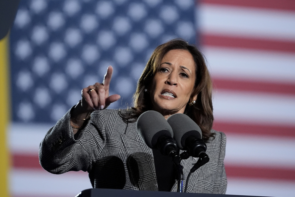 Democratic presidential nominee Vice President Kamala Harris speaks at a campaign event in Ann Arbor, Michigan, October 28