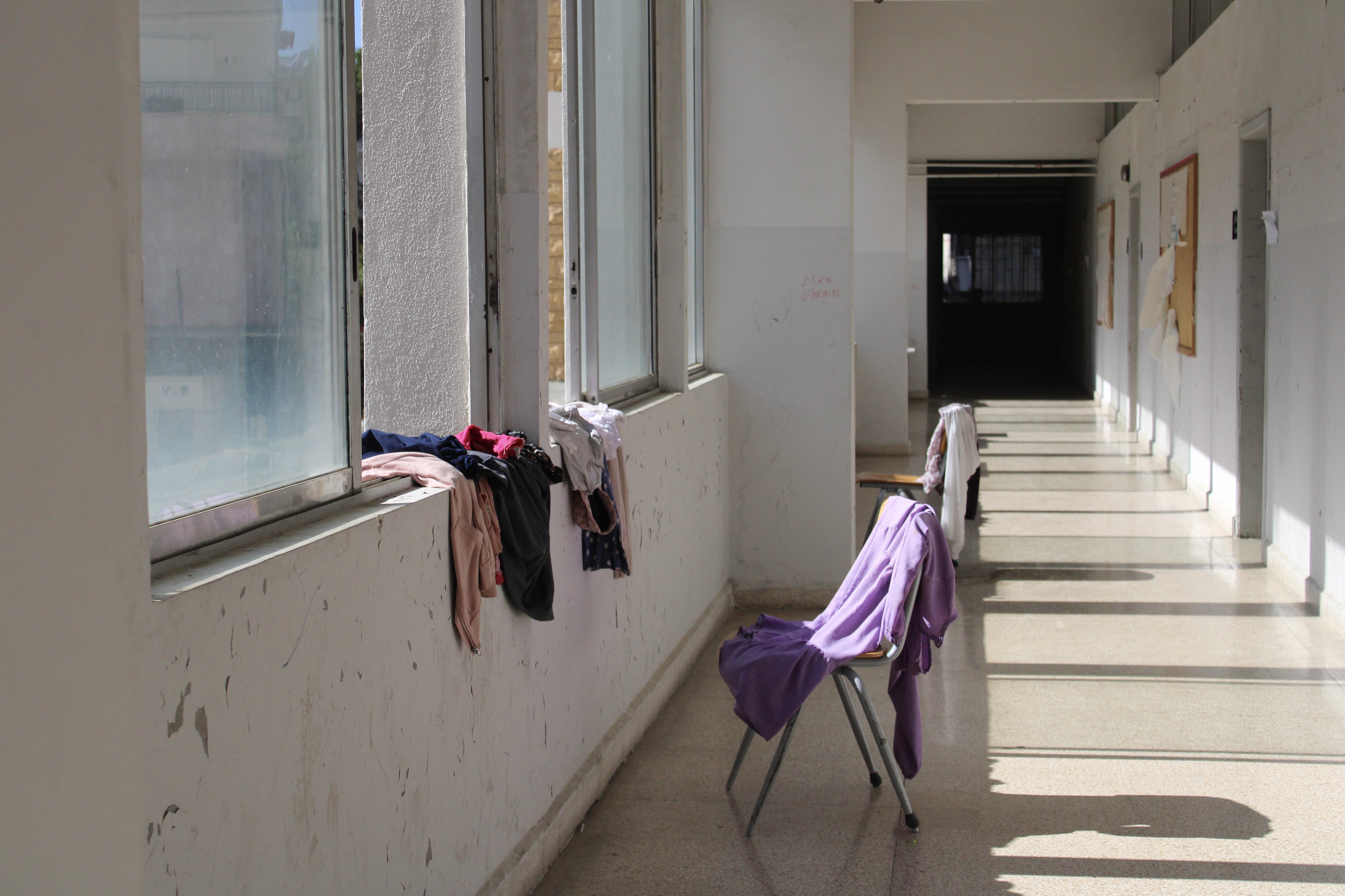 A corridor inside the Maroun Abboud High School in Aley, which is sheltering internally displaced people from other parts of southern Lebanon
