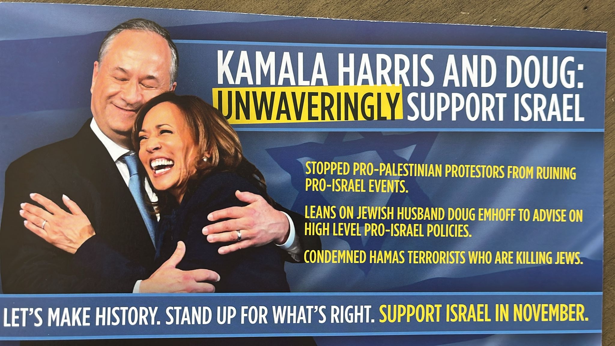 A flyer sent to households in Dearborn, Michigan, shows Kamala Harris embracing her husband, Doug Emhoff [Courtesy photo]