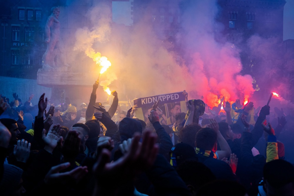 Maccabi Tel Aviv supporters gather at De Dam in Amsterdam