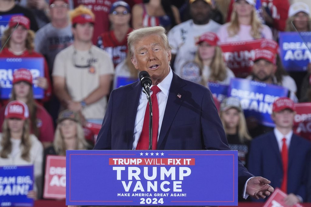Republican presidential nominee former President Donald Trump speaks during a campaign rally at J.S. Dorton Arena, Monday, Nov. 4, 2024, in Raleigh, N.C.