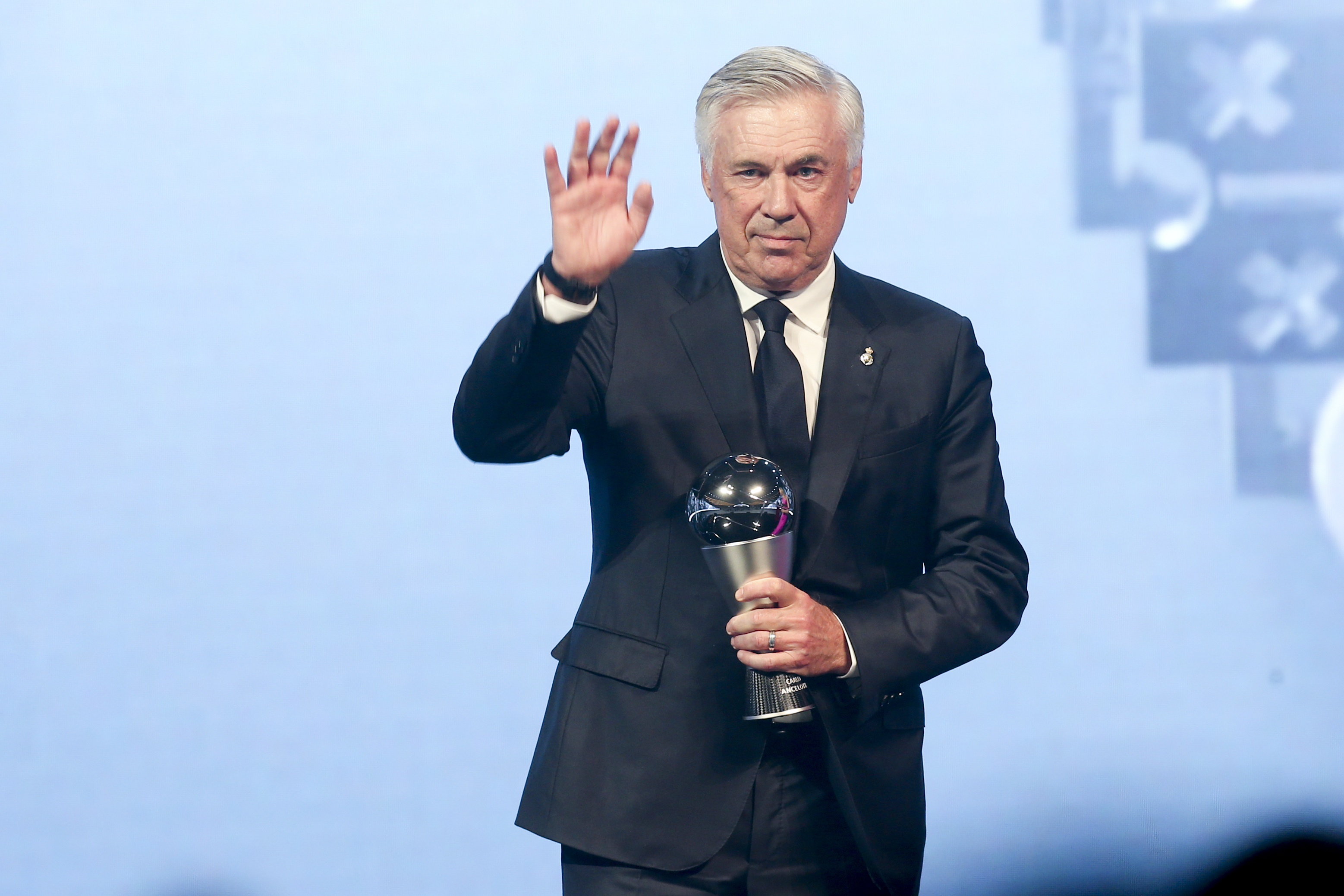 Carlo Ancelotti, Head Coach of Real Madrid, receives the Best FIFA Men's Coach Award during the FIFA Football Awards 2024 in Doha, Qatar, Tuesday, Dec. 17, 2024. (AP Photo/Hussein Sayed)