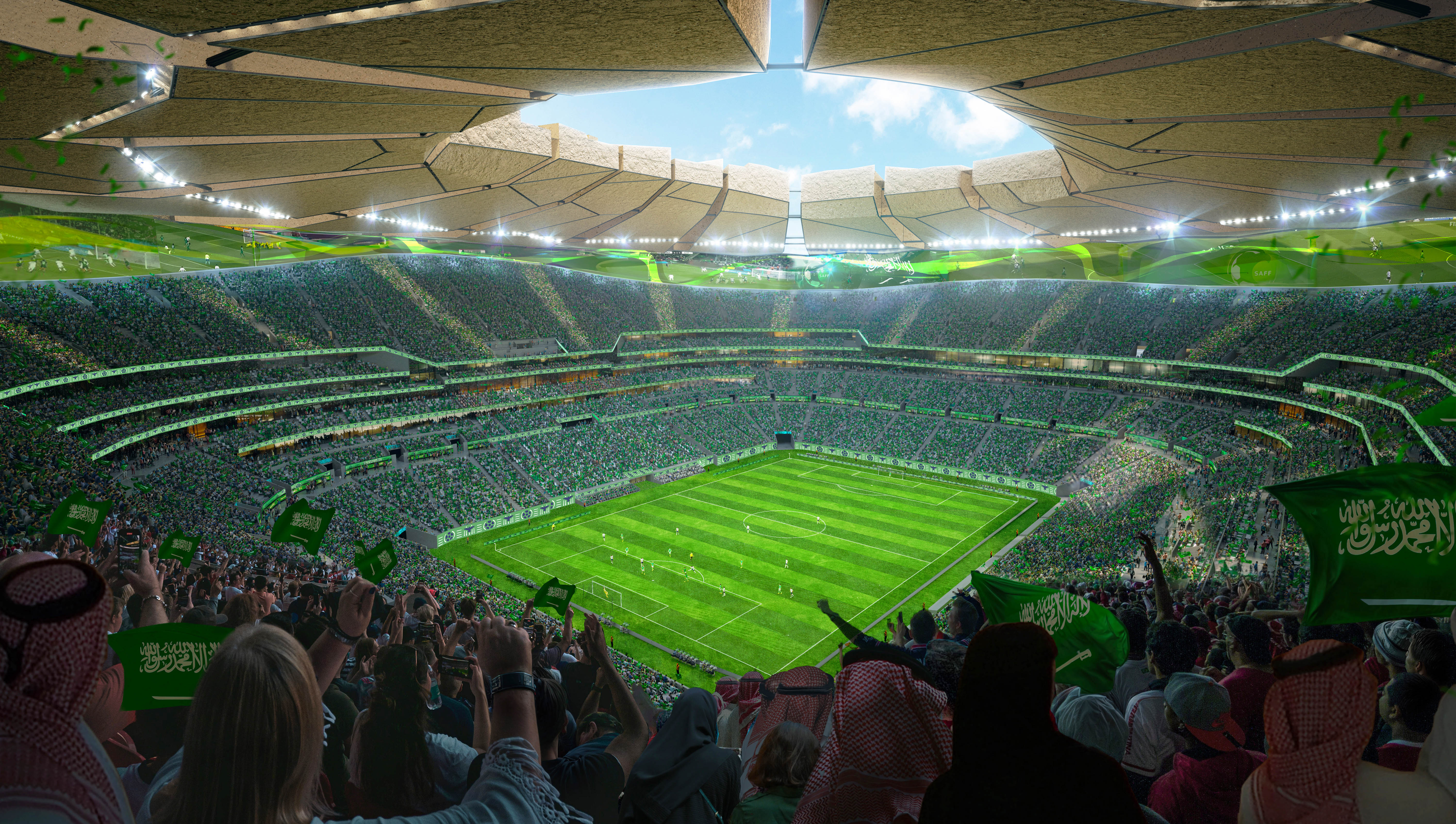 Digital football stadium impression in Saudi Arabia.