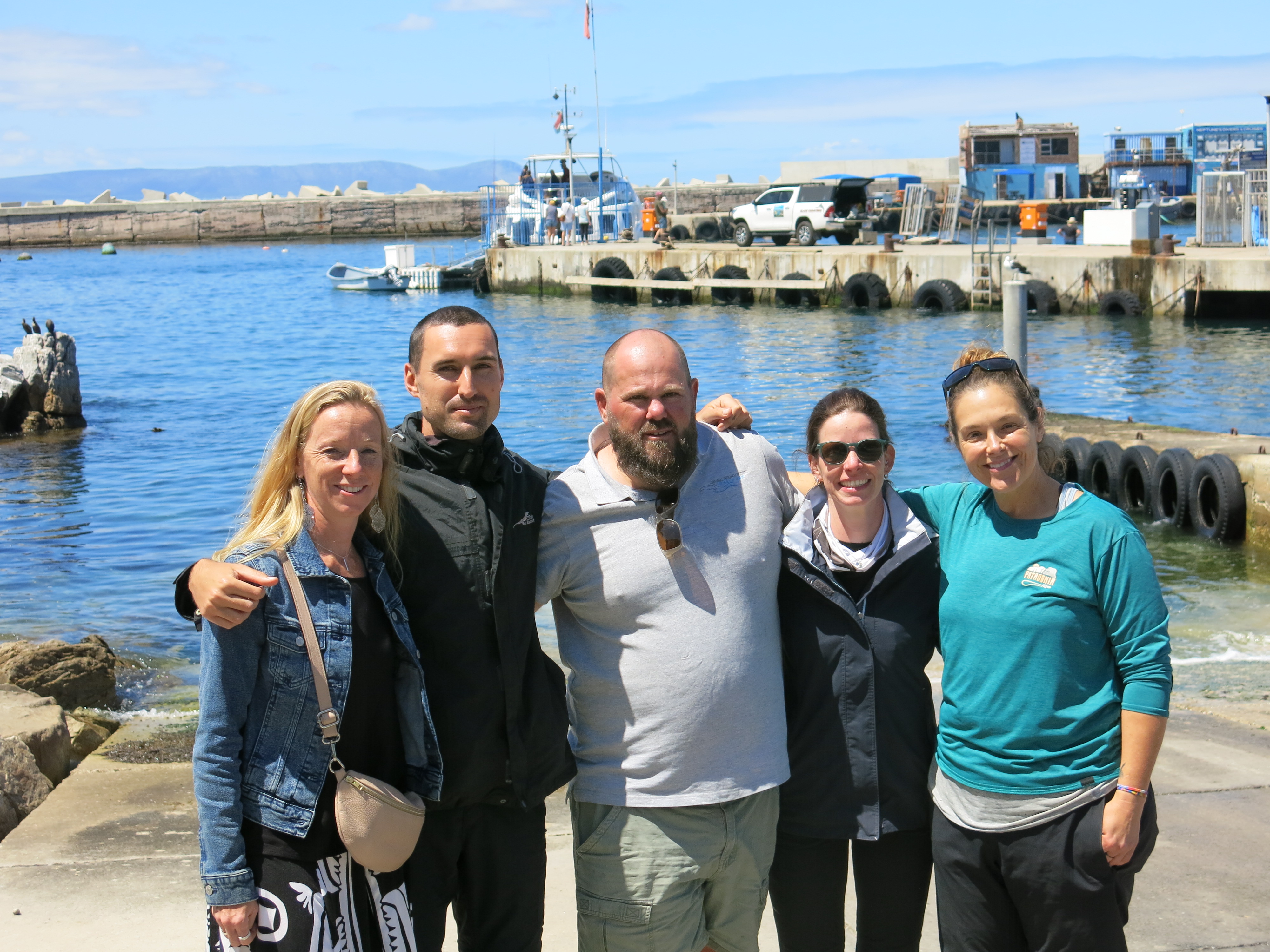 Members of the Whale Unit: research manager Els Vermeulen, PhD student Matthew Germishuizen, skipper Chris Wilkinson, postdoctoral researcher Elisa Seyboth and whale tagger Amy Kennedy