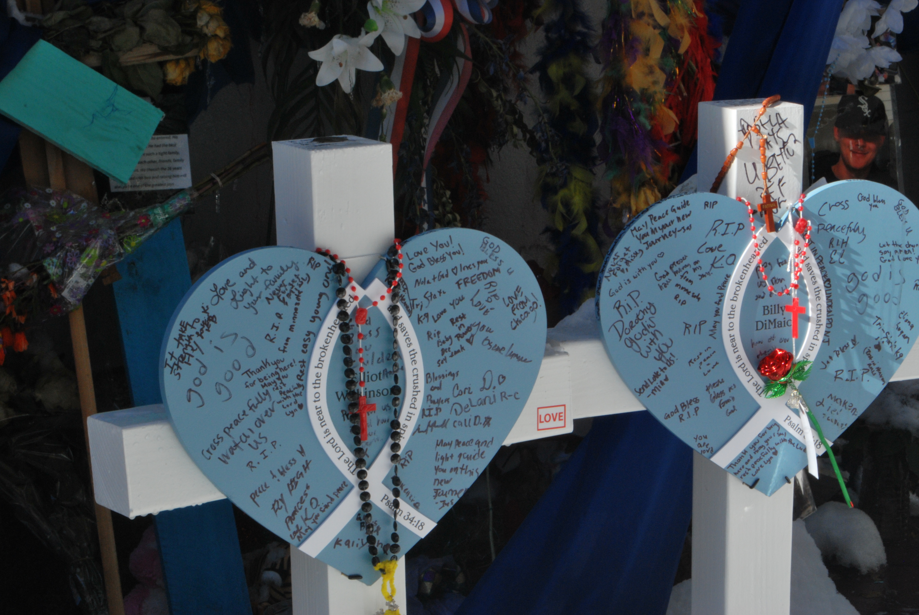 White crosses with blue hearts in the centre memorialise victims of the New Orleans truck attack