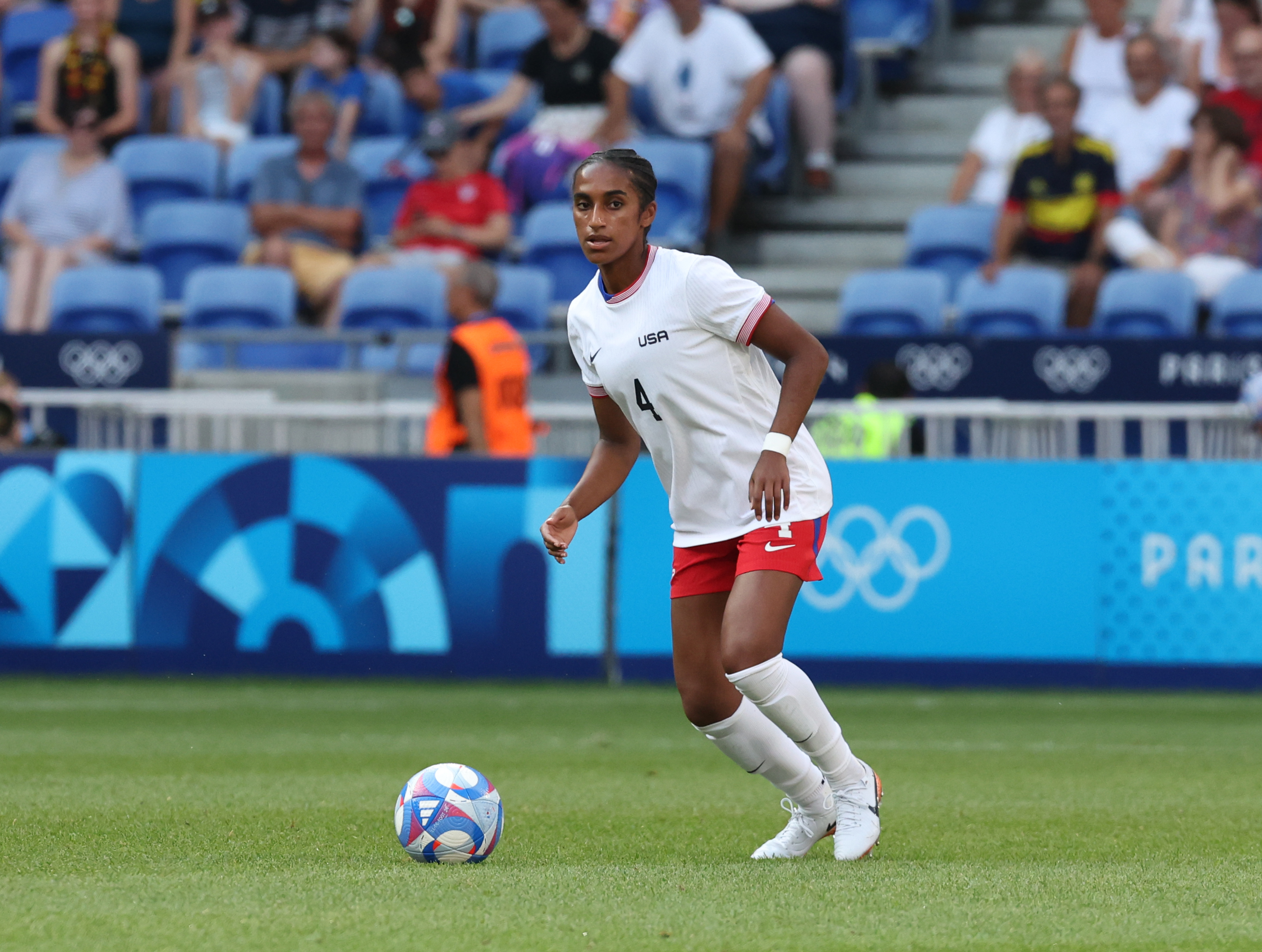 Naomi Girma of Team United States in action during the Women’s semifinal match between the US and Germany during the Olympic Games Paris 2024 at Stade de Lyon, on August 06, 2024, in Lyon, France