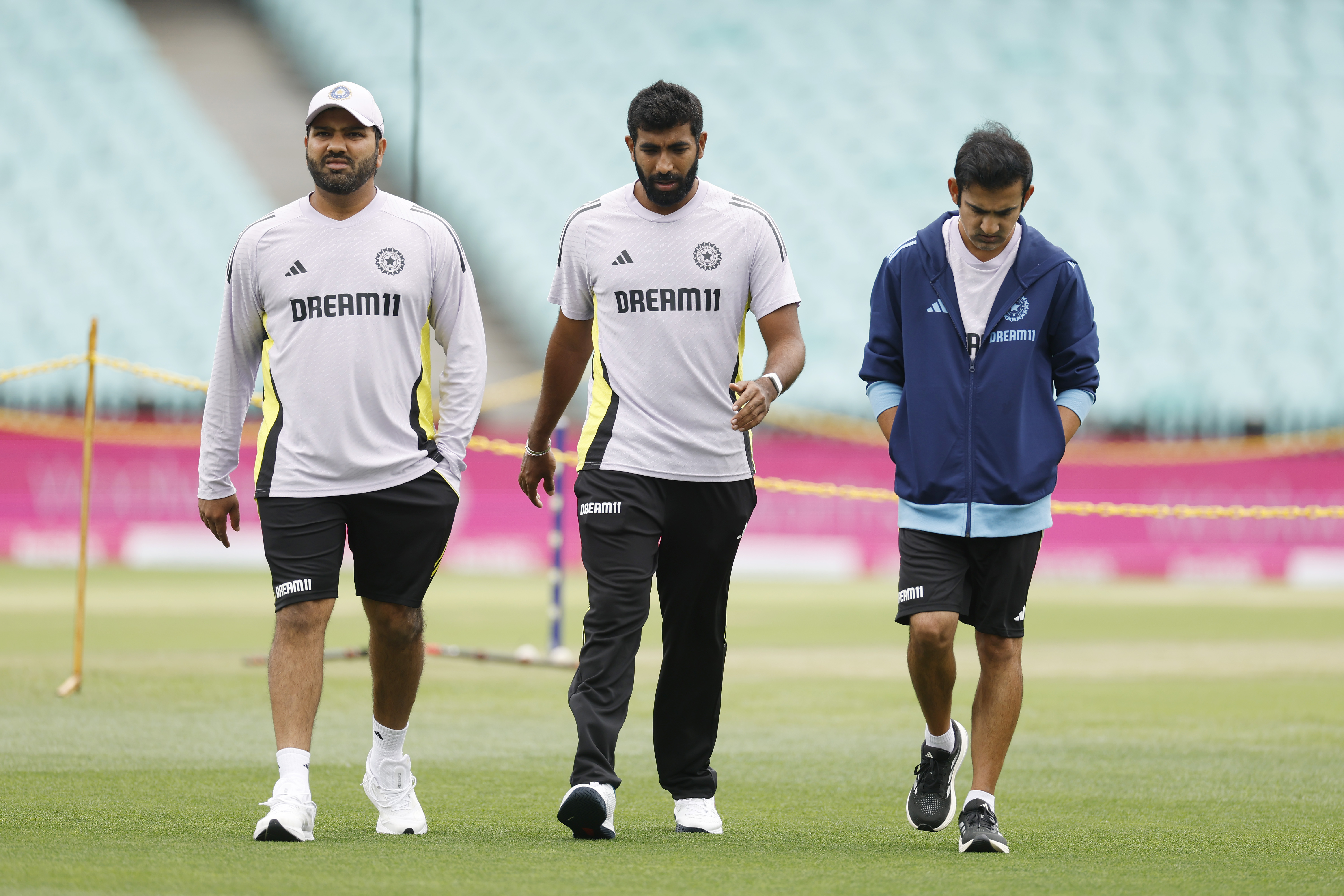 SYDNEY, AUSTRALIA - JANUARY 02: Jasprit Bumrah, India Coach Gautam Gambhir and Rohit Sharma of India inspect the pitch during an India nets session at Sydney Cricket Ground on January 02, 2025 in Sydney, Australia. (Photo by Darrian Traynor/Getty Images)