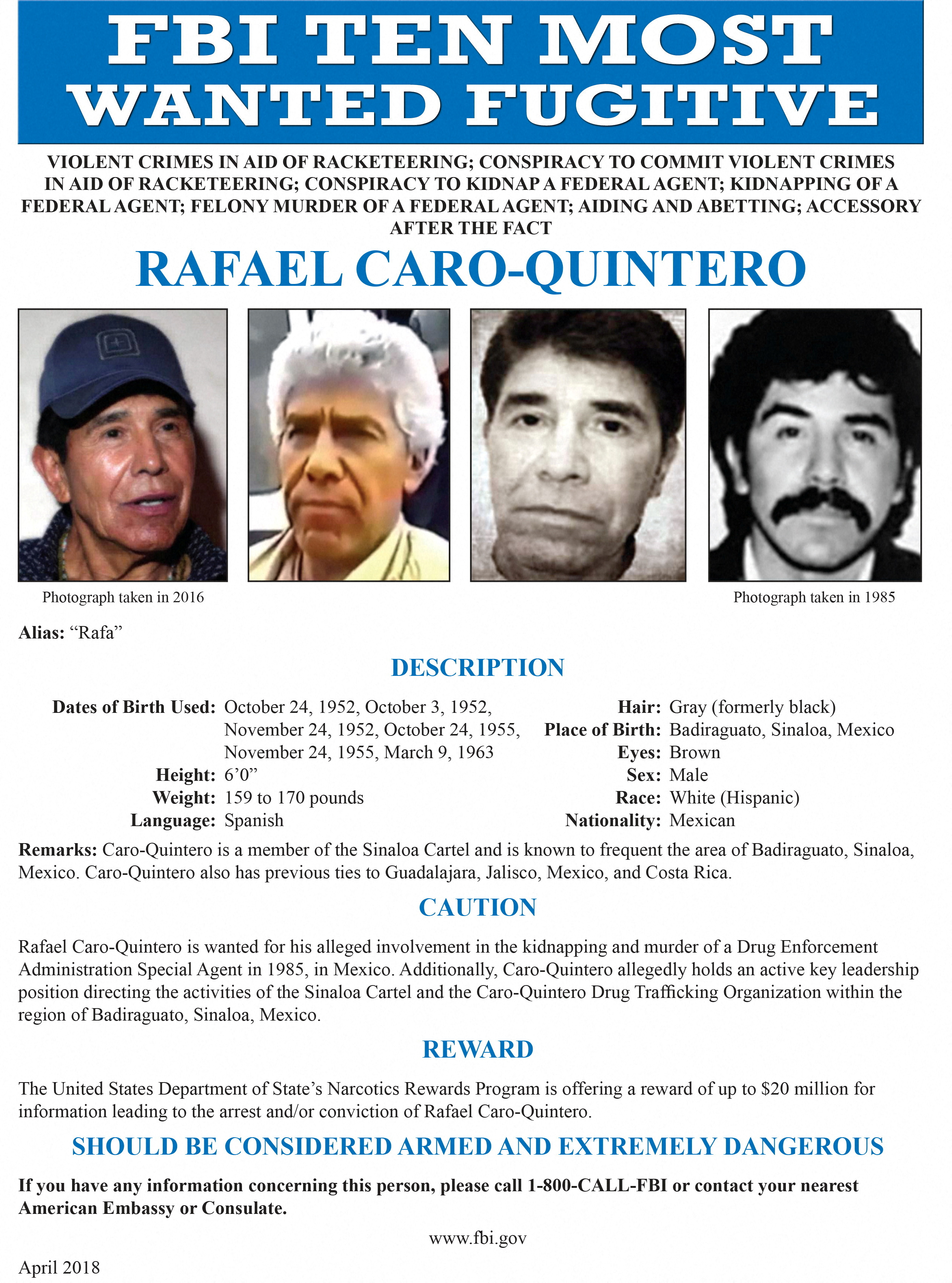 A poster depicting the FBI’s 10 most wanted fugitives shows Rafael Caro Quintero