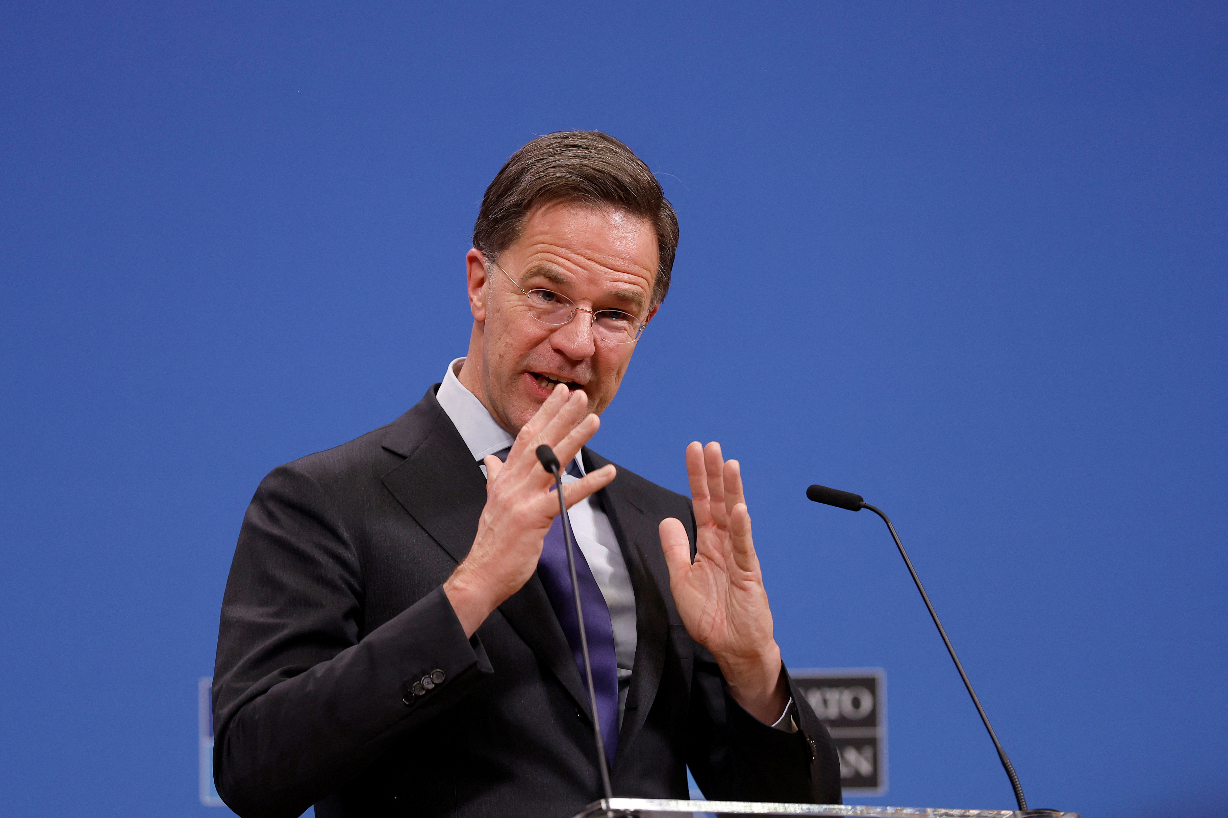 NATO Secretary General Mark Rutte speaks during a press conference at NATO headquarters in Brussels, Belgium, on February 3, 2025
