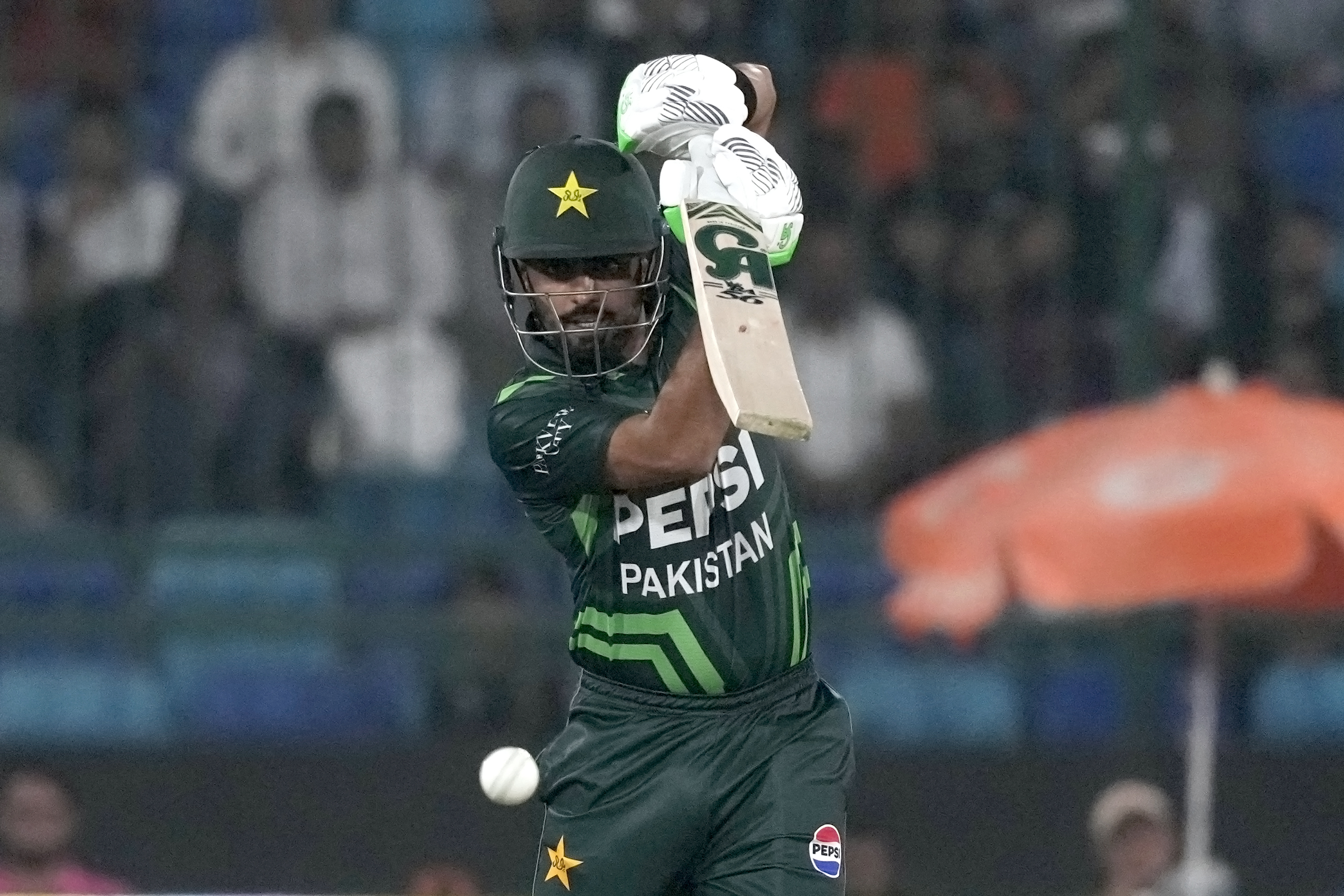 Pakistan's Babar Azam plays a shot during the tri-series ODI cricket match between Pakistan and South Africa, in Karachi, Pakistan, Wednesday, Feb. 12, 2025. (AP Photo/Fareed Khan)
