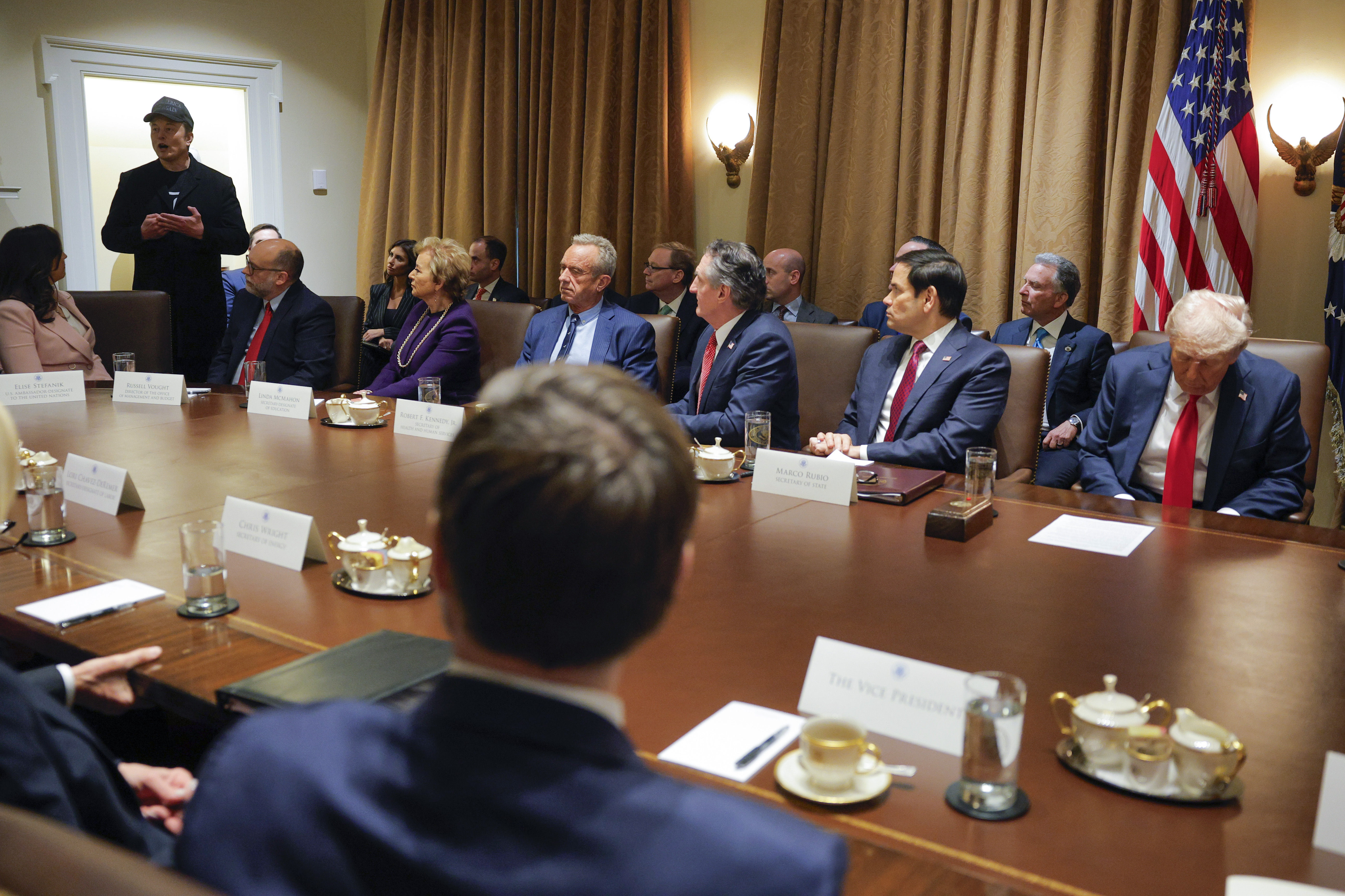 Elon Musk speaks as President Donald Trump holds a Cabinet meeting on February 26 [Pool via AP]