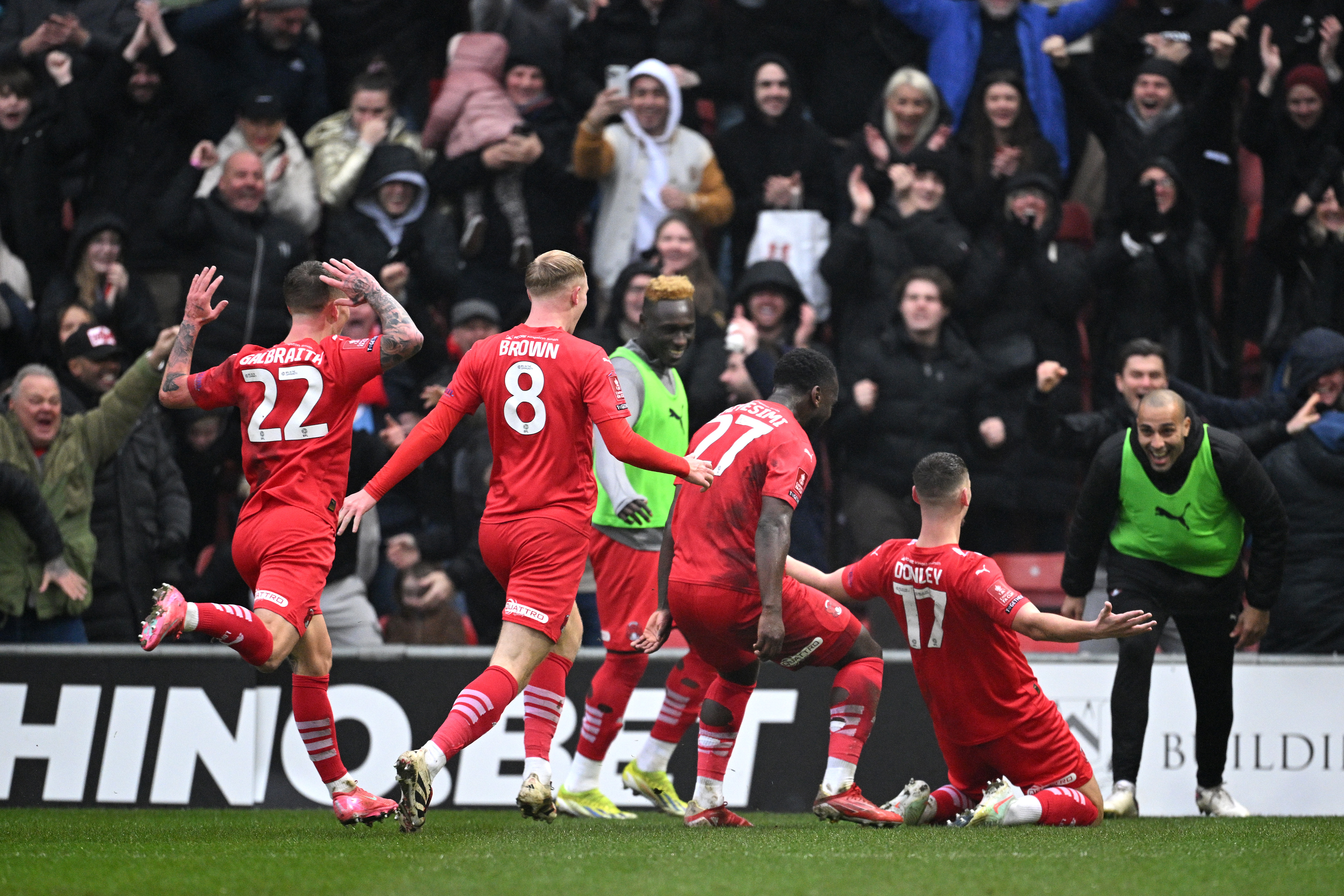 Jamie Donley of Leyton Orient celebrates his team’s first goal against Manchester City during the FA Cup fourth round match between Leyton Orient and Manchester City at Gaughan Group Stadium on February 8, 2025, in London, England
