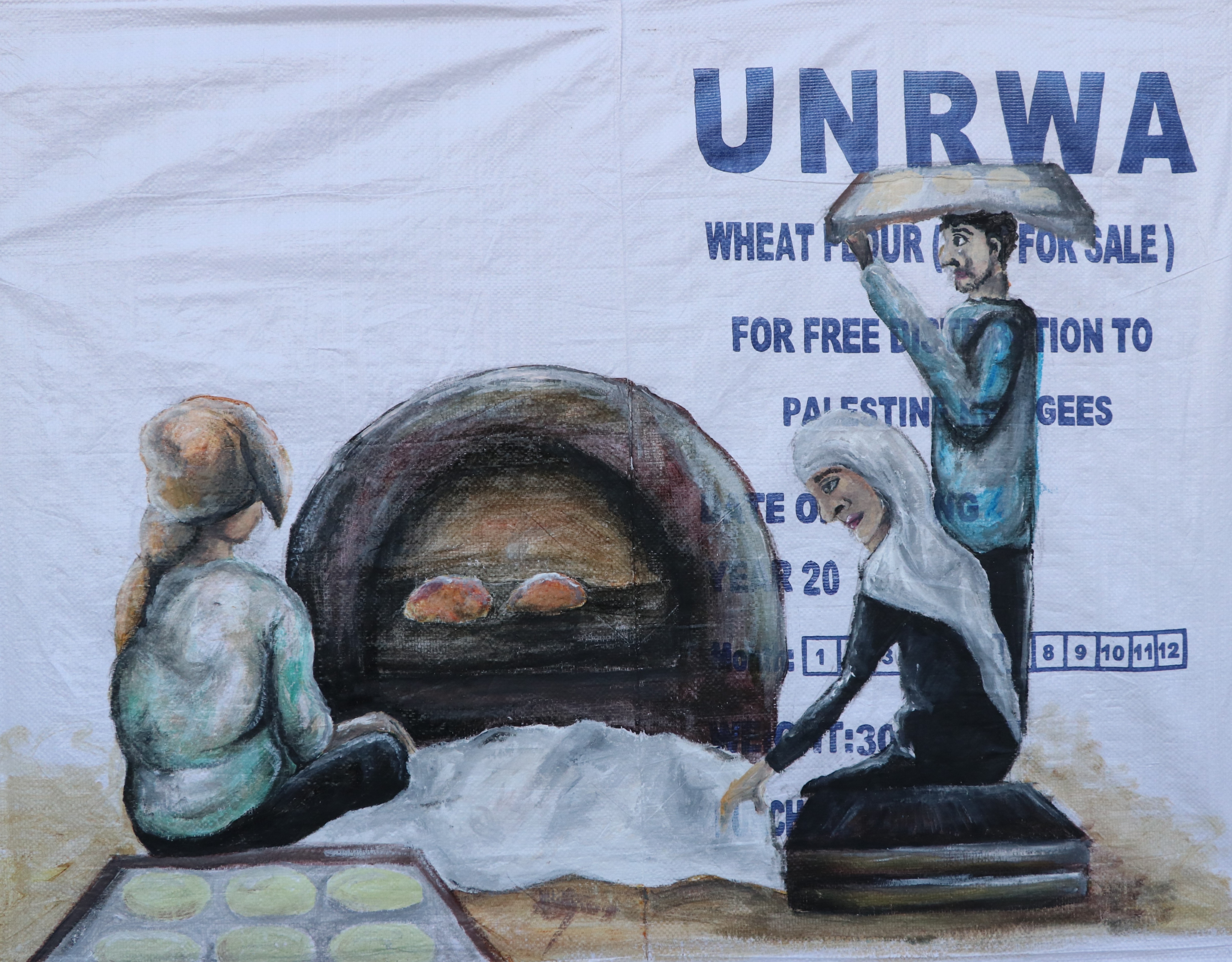Hussein al-Jerjawi uses empty UNRWA flour bags as canvases for his artwork showing everyday life in Gaza [Courtesy of Hussein al-Jerjawi]