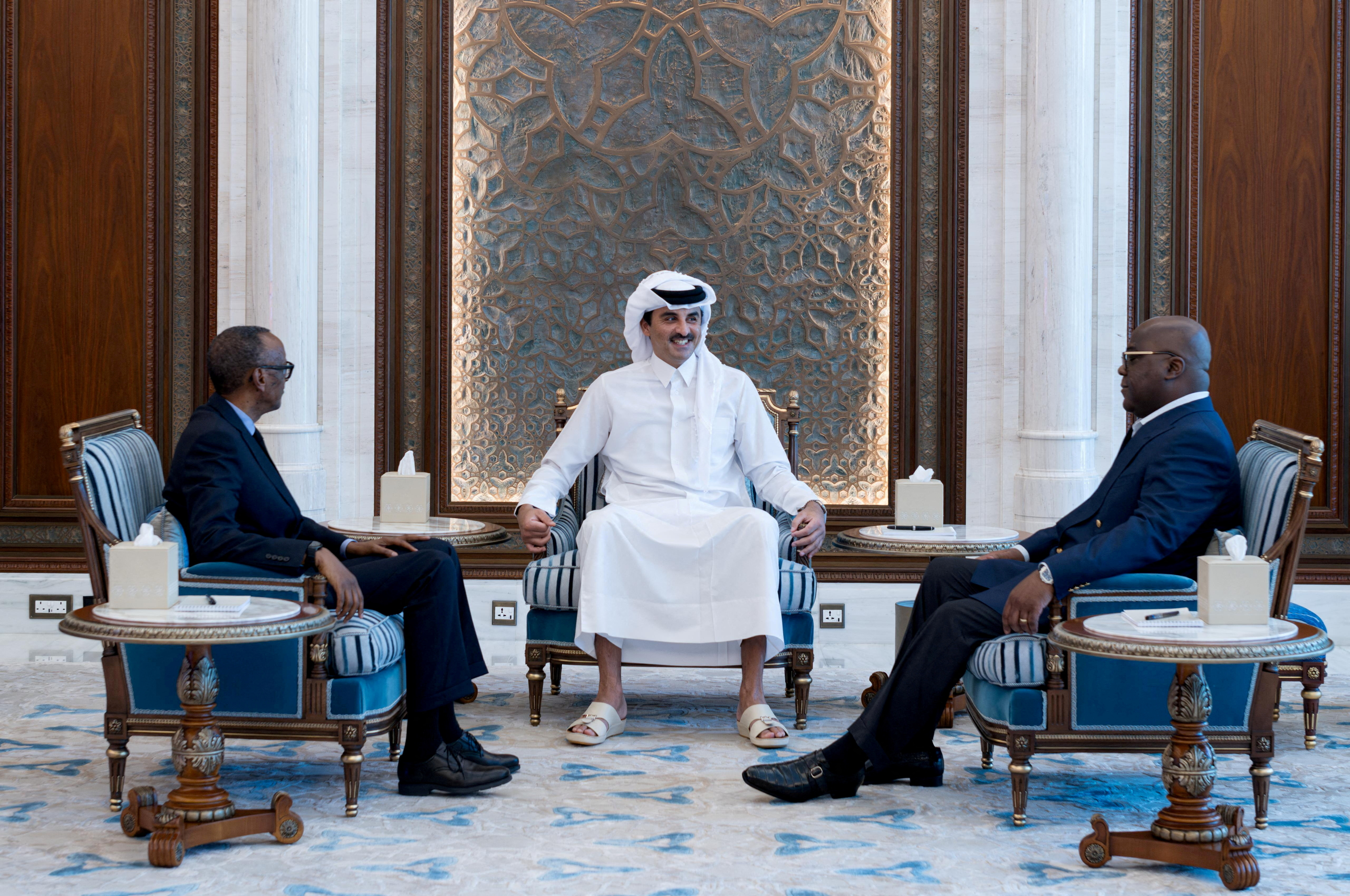 FILE PHOTO: Democratic Republic of Congo President Felix Tshisekedi and his Rwandan counterpart Paul Kagame meet with Qatar's Emir Sheikh Tamim bin Hamad Al Thani in Doha, Qatar, March 18, 2025. Qatar's Ministry of Foreign Affairs/Handout via REUTERS THIS IMAGE HAS BEEN SUPPLIED BY A THIRD PARTY/File Photo