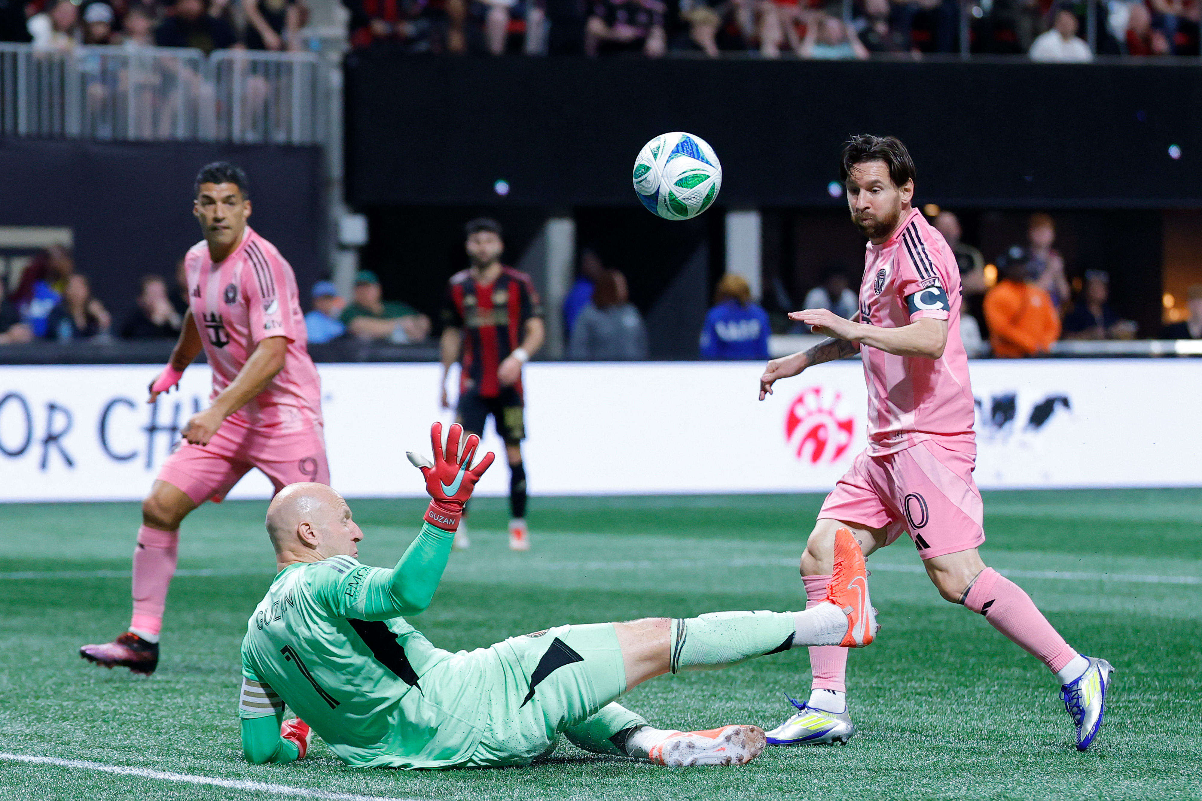Lionel Messi of Inter Miami scores the team’s first goal during the MLS match against Atlanta United at Mercedes-Benz Stadium on March 16, 2025, in Atlanta, Georgia