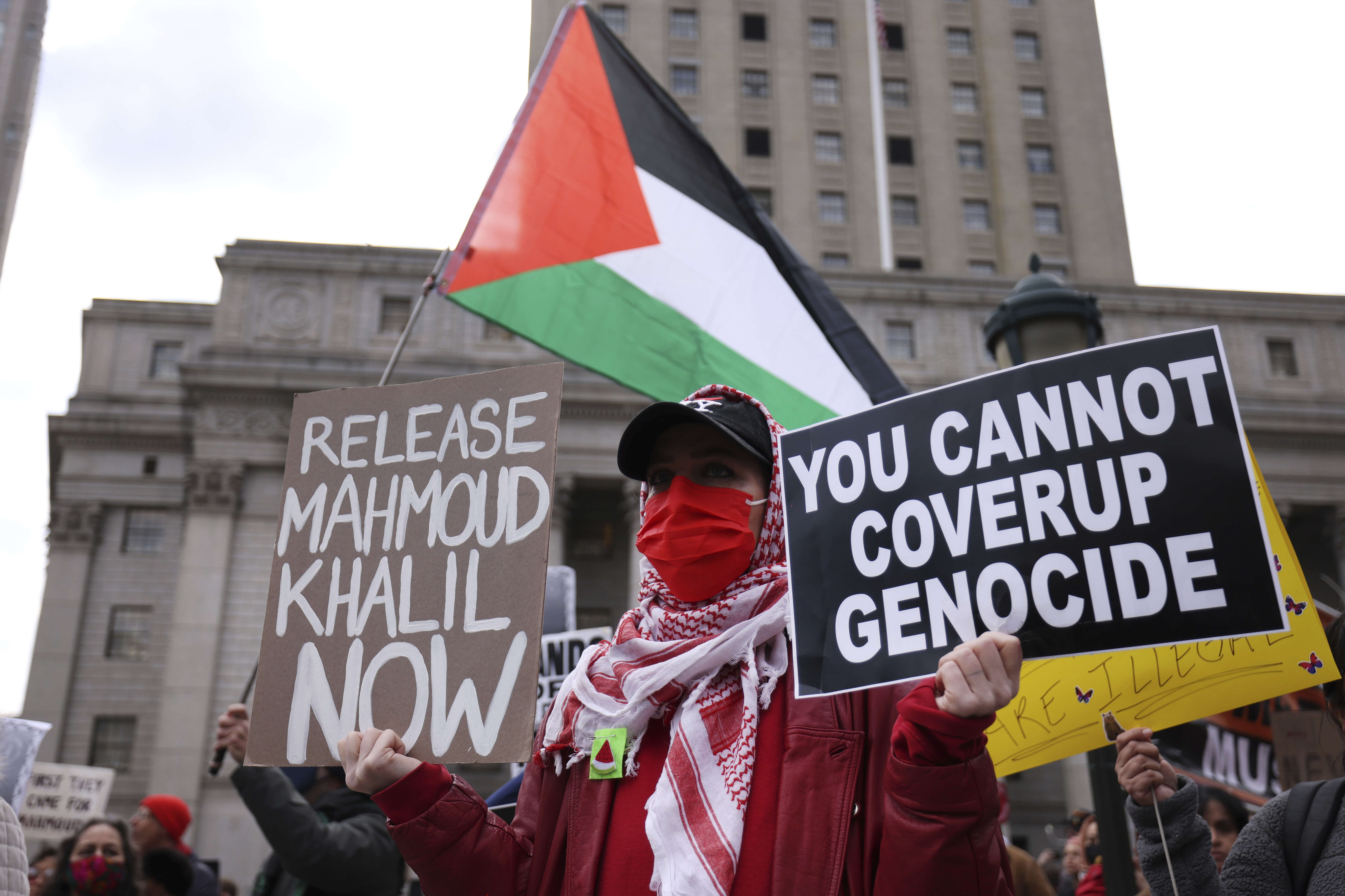 Protesters rally in support of detained Palestinian activist Mahmoud Khalil, Wednesday, March 12, 2025, in New York. (AP Photo/Jason DeCrow)