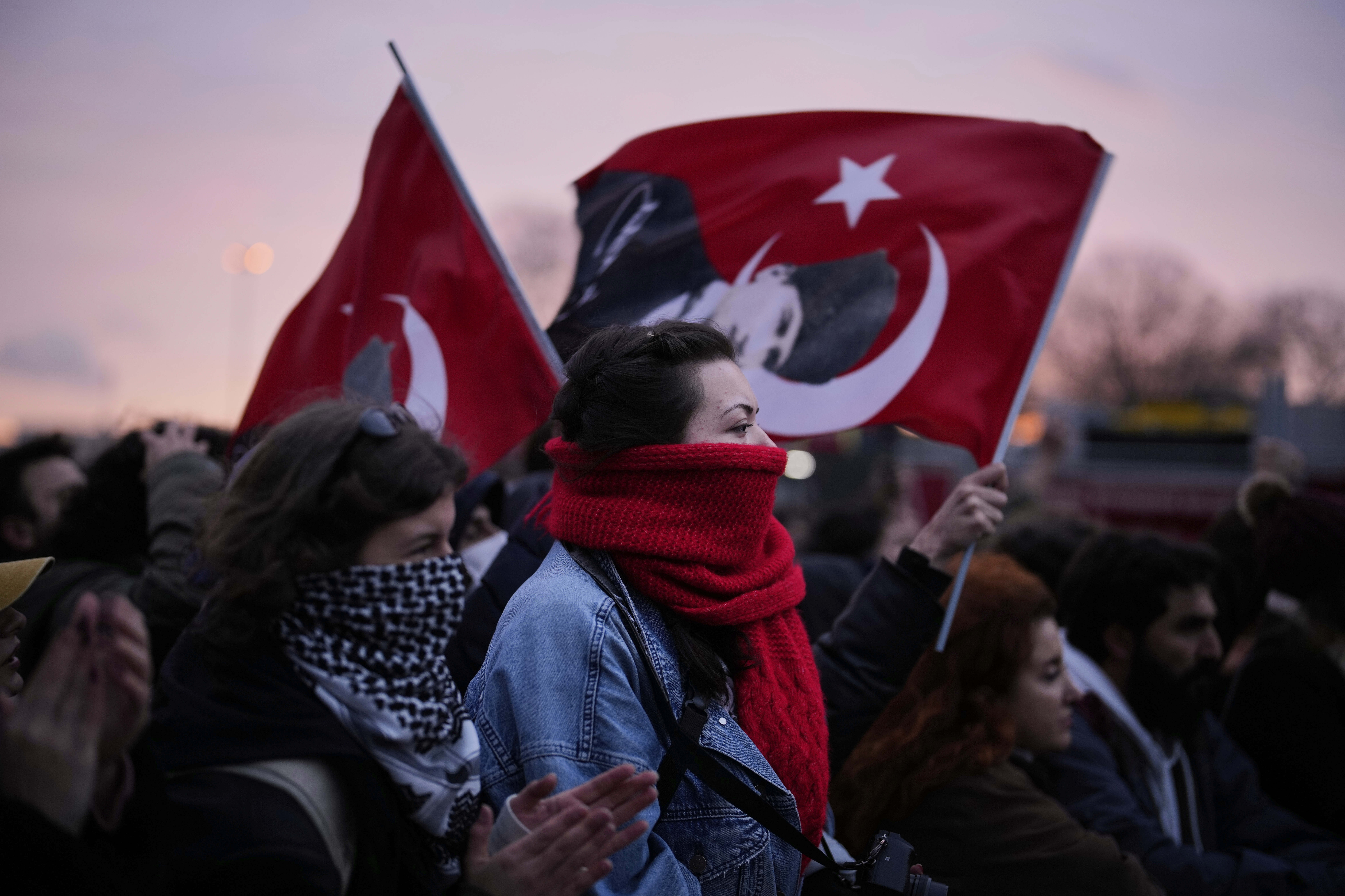 People attend a protest rally in Istanbul, Turkiye, on Thursday, against the arrest of Istanbul Mayor Ekrem Imamoglu [Emrah Gurel/AP photo]