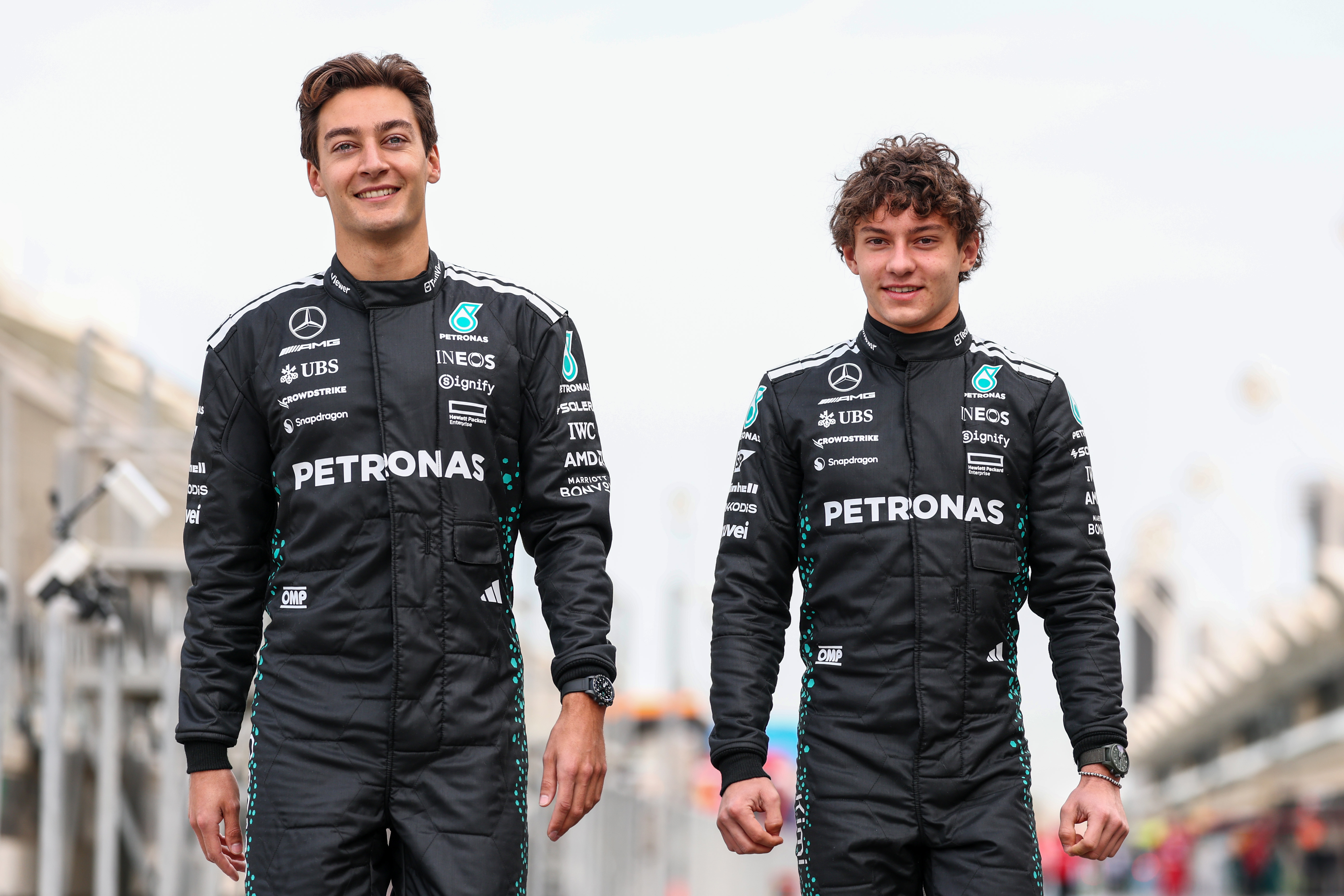 George Russell, left, pictured with new Mercedes teammate Kimi Antonelli, was fastest on the final day of F1 testing at Bahrain International Circuit in late February 2025