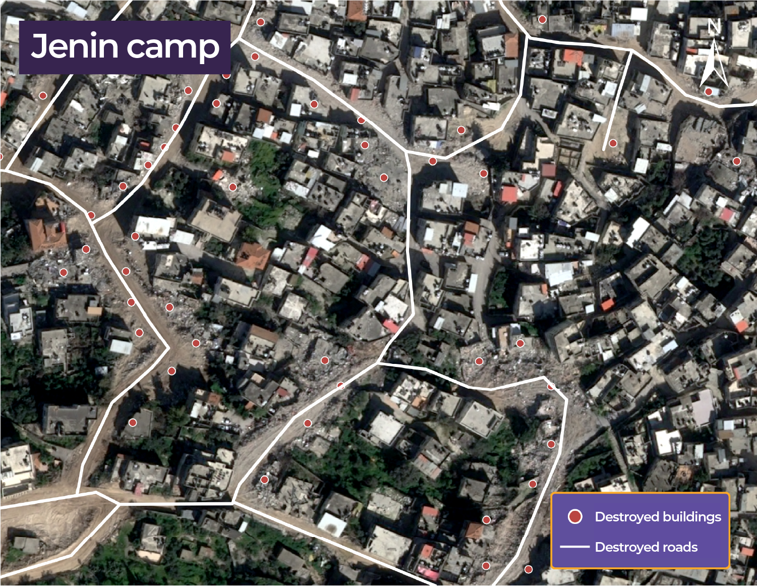 Satellite image showing destroyed buildings and roads in Jenin refugee camp, on March 12, 2025 [Airbus]
