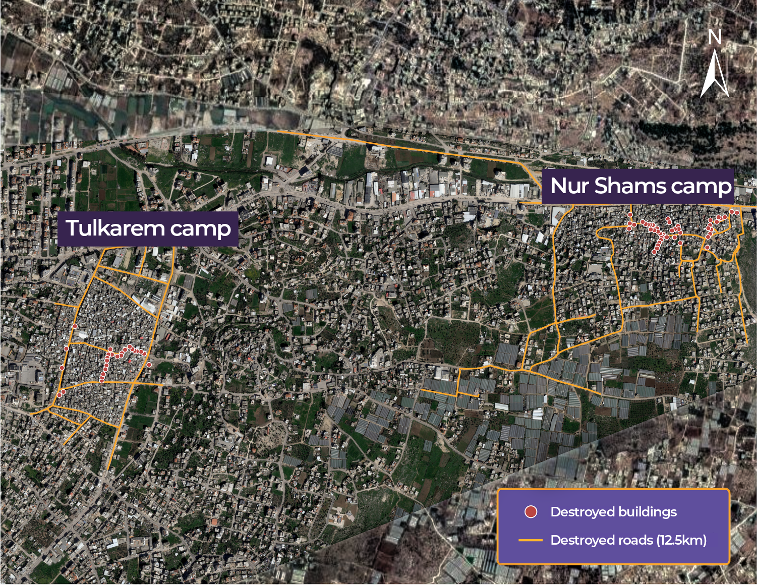 Satellite image showing destroyed buildings and roads in Tulkarem and Nur Shams refugee camps, on March 12, 2025 [Airbus]