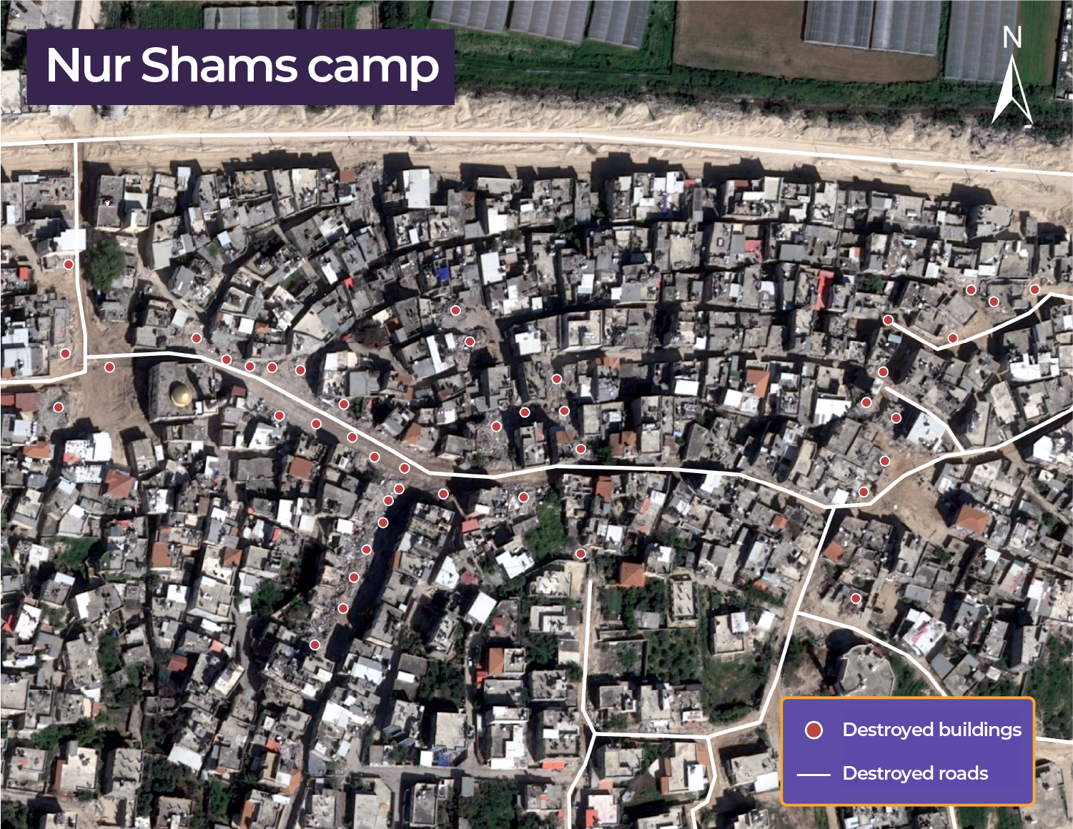 Satellite image showing destroyed buildings and roads in Nur Shams refugee camp, on March 12, 2025 [Airbus]
