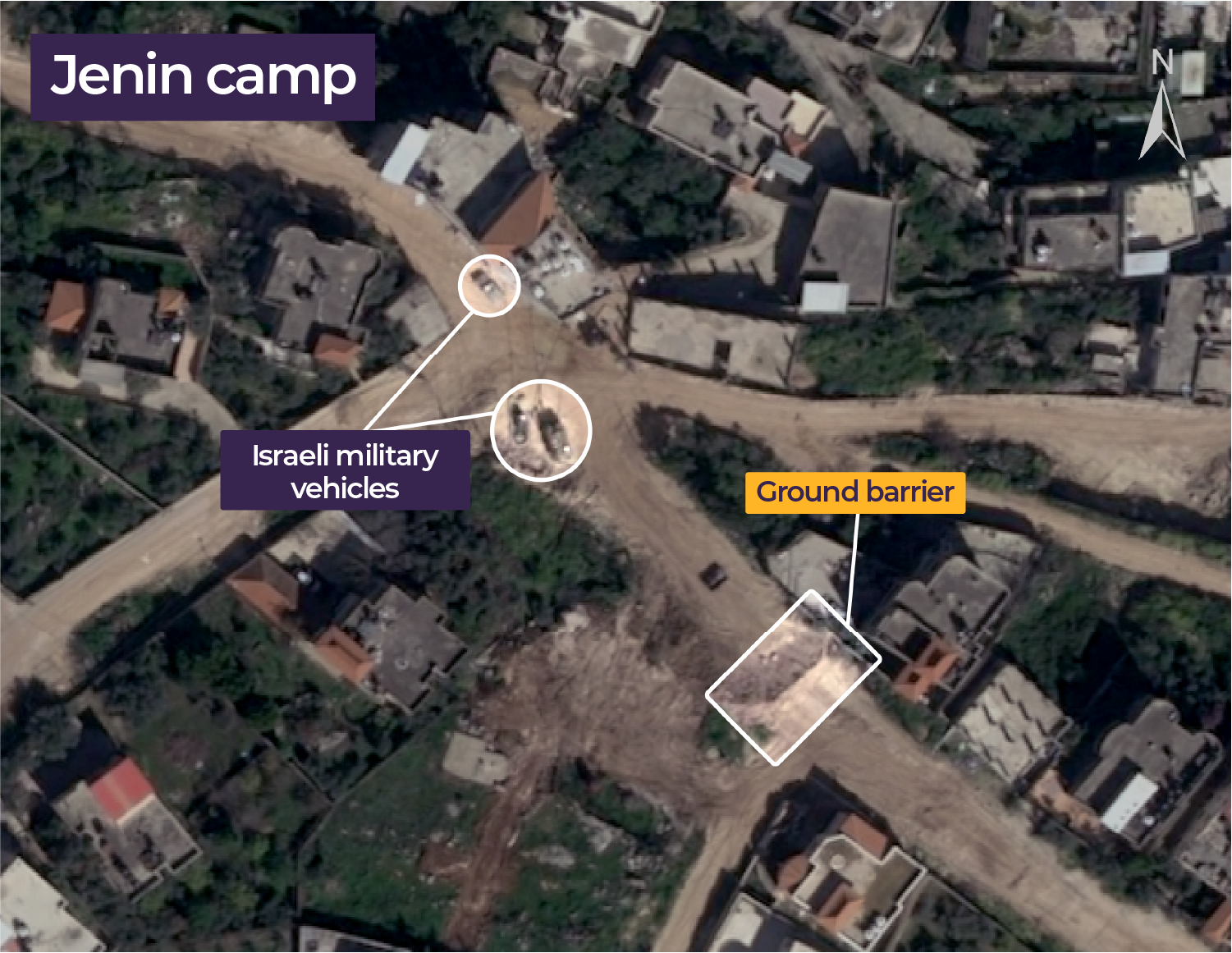 Satellite image showing Israeli military vehicles and a ground checkpoint in Jenin refugee camp, on March 12, 2025 [Airbus]