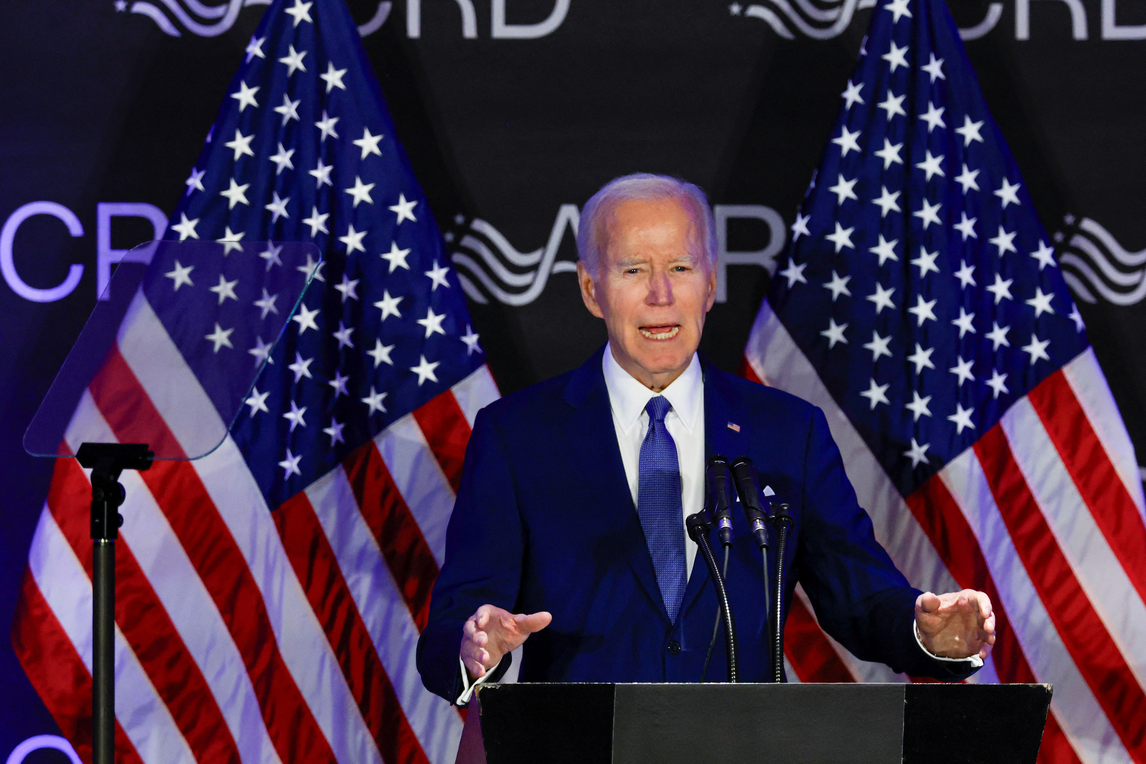 Former U.S. President Joe Biden makes his first major speech since leaving office, at the Advocates, Counselors, and Representatives for the Disabled (ACRD) conference in Chicago, Illinois, U.S. April 15, 2025. REUTERS/Kamil Krzaczynski