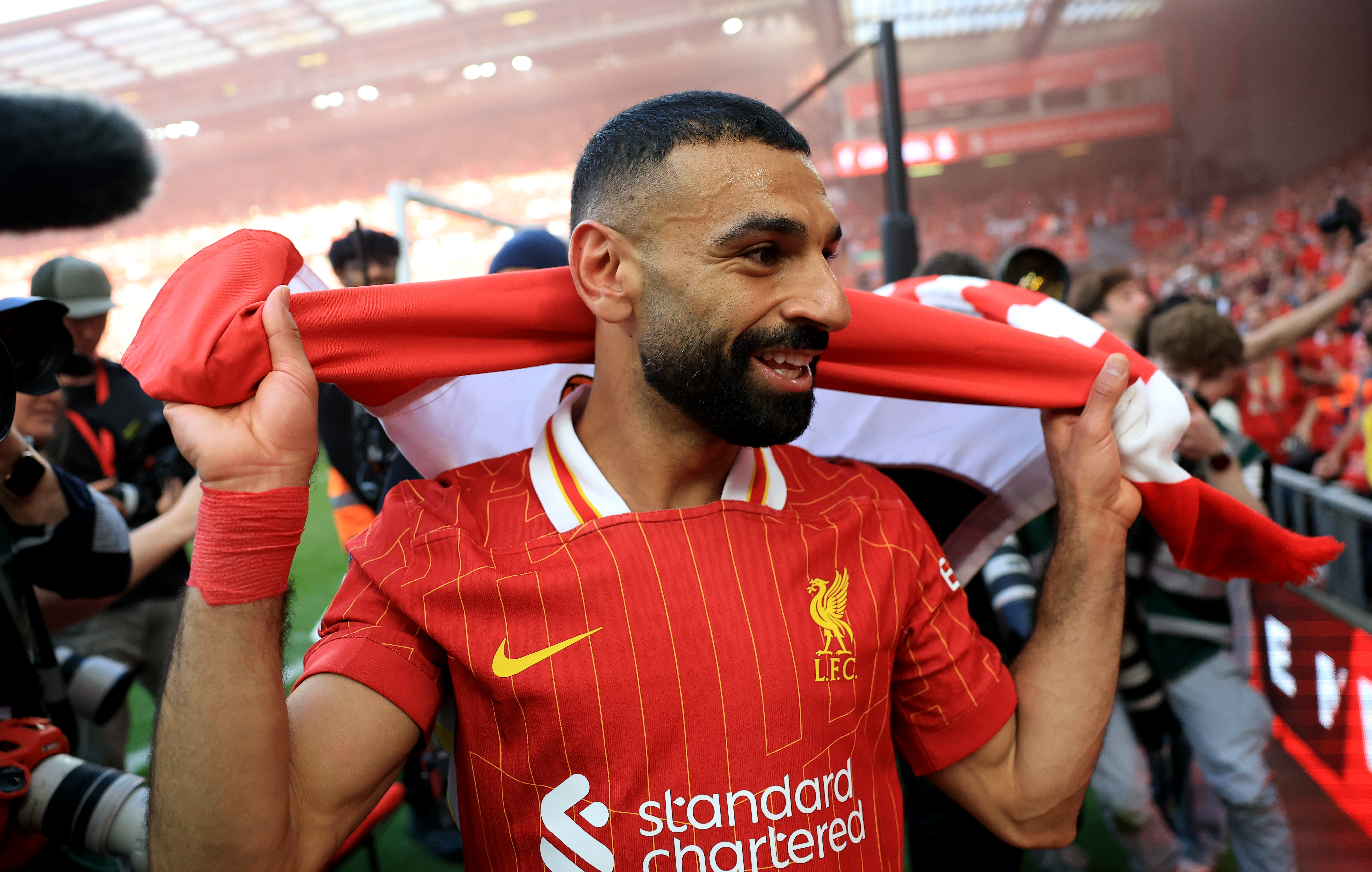 Mohamed Salah of Liverpool reacts.