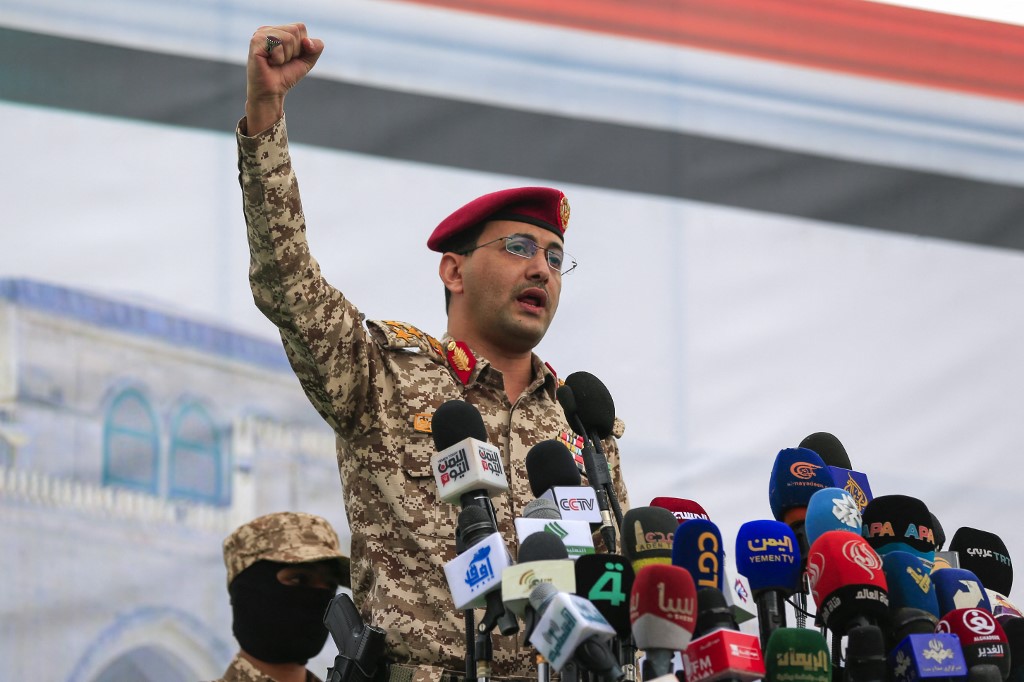 Houthi spokesman Yahya Saree addresses a rally in solidarity with Palestinians and the Gaza Strip and in condemnation of Israel and the US, in the capital Sanaa on May 2, 2025