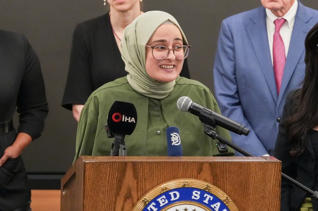 Rümeysa Öztürk speaks during a press conference after arriving at Logan Airport on May 10, 2025 in Boston, Massachusetts.