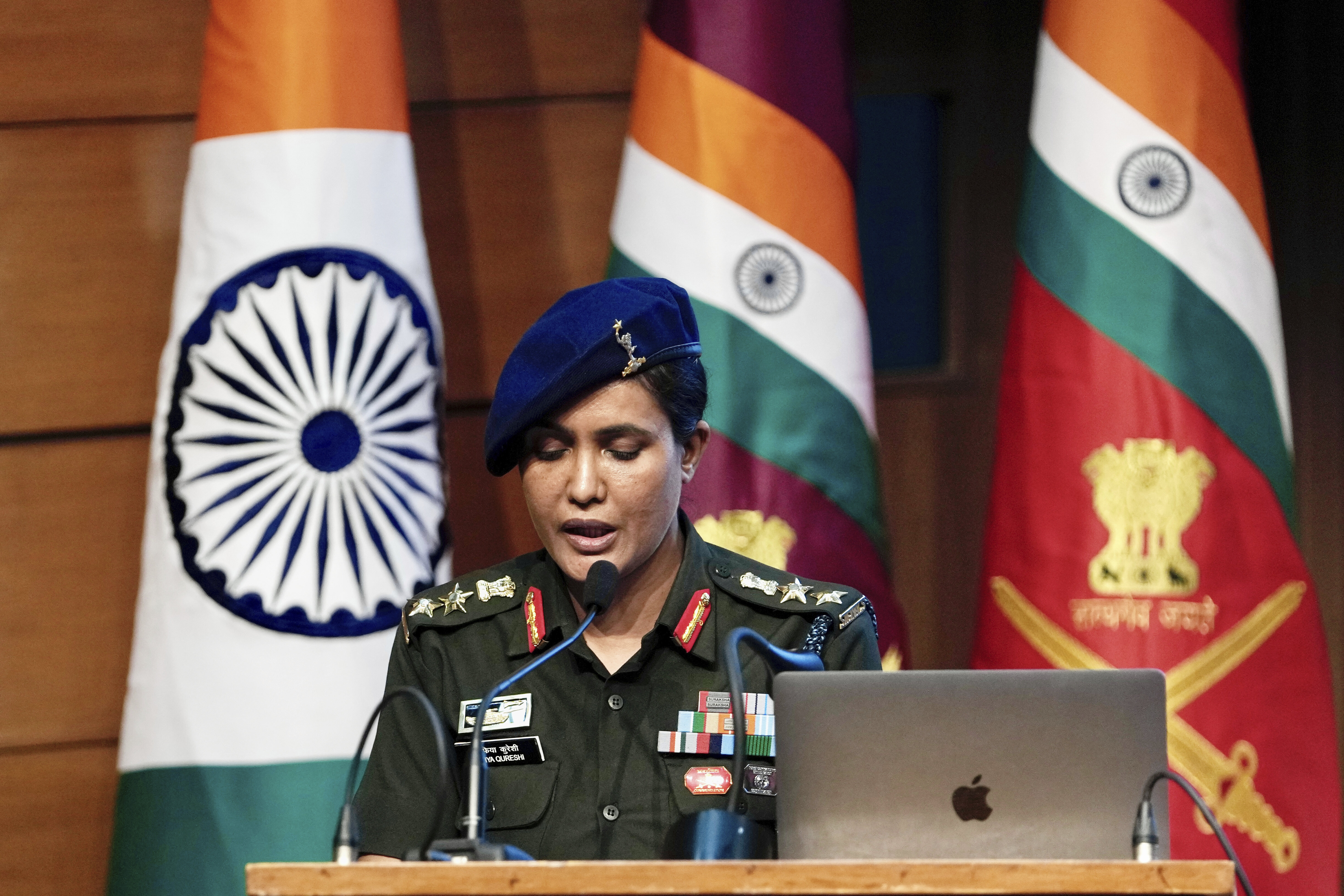 Indian army officer Colonel Sofiya Qureshi addresses a press conference after India struck multiple sites inside Pakistan and Pakistan-administered Kashmir