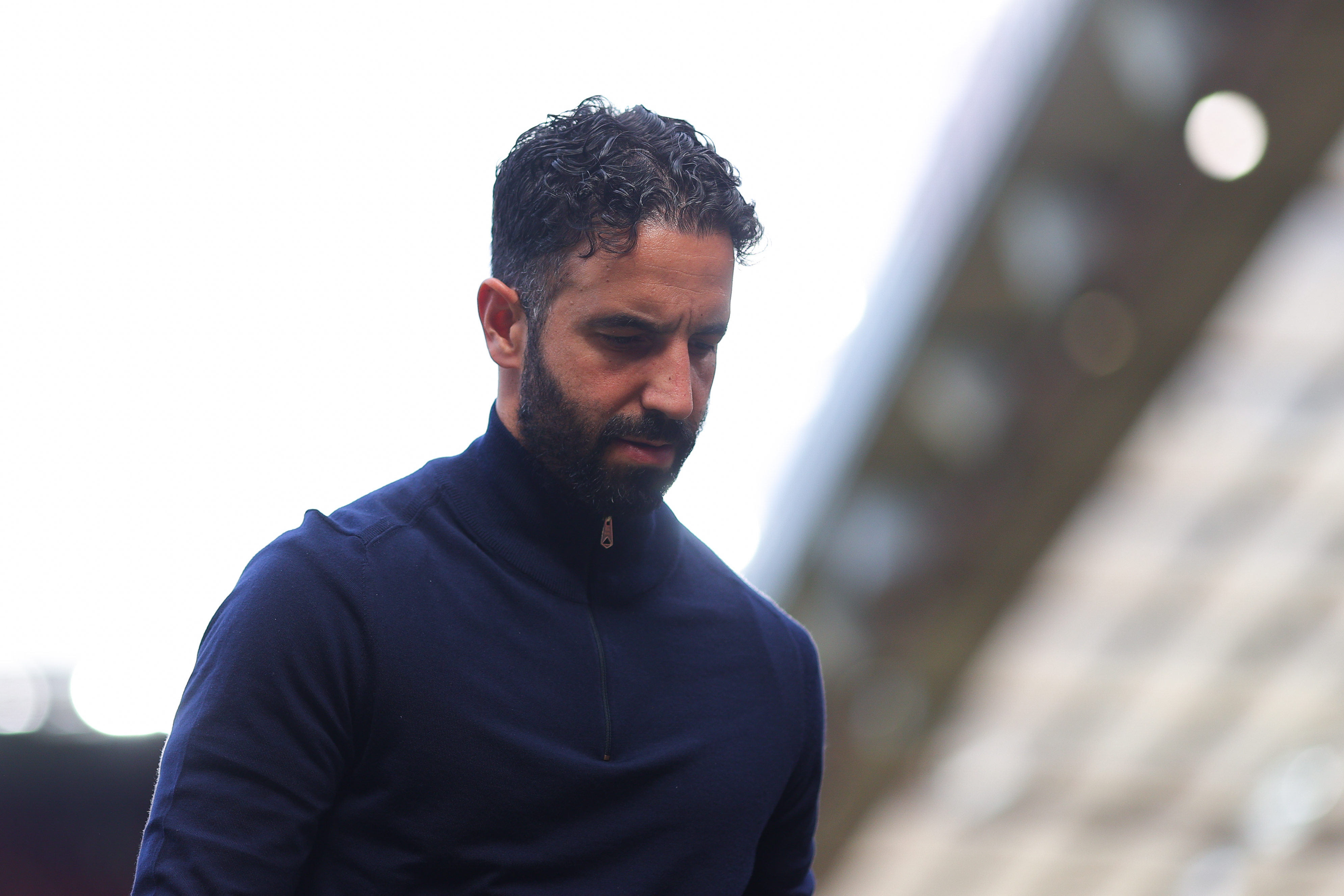 Ruben Amorim, manager of Manchester United, walks off the pitch after losing to West Ham 2-0 in a Premier League match at Old Trafford on May 11, 2025, in Manchester, England, UK