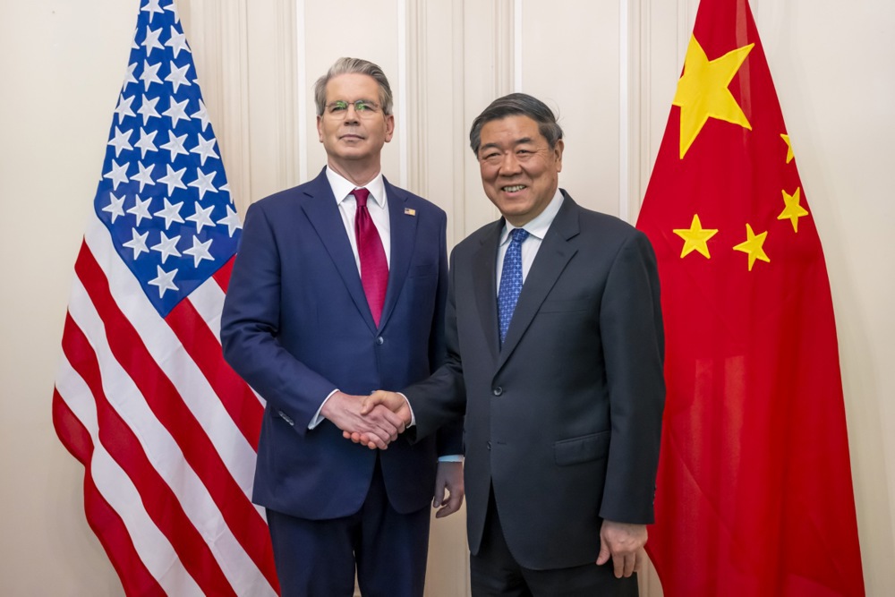 epa12098561 US Secretary of the Treasury Scott Bessent (L) shakes hands with Chinese Vice Premier He Lifeng (R) during a bilateral meeting in Geneva, Switzerland, 10 May 2025 (made available on 14 May 2025). EPA-EFE/MARTIAL TREZZINI / POOL PHOTO MADE AVAILABLE MAY 14, 2025;