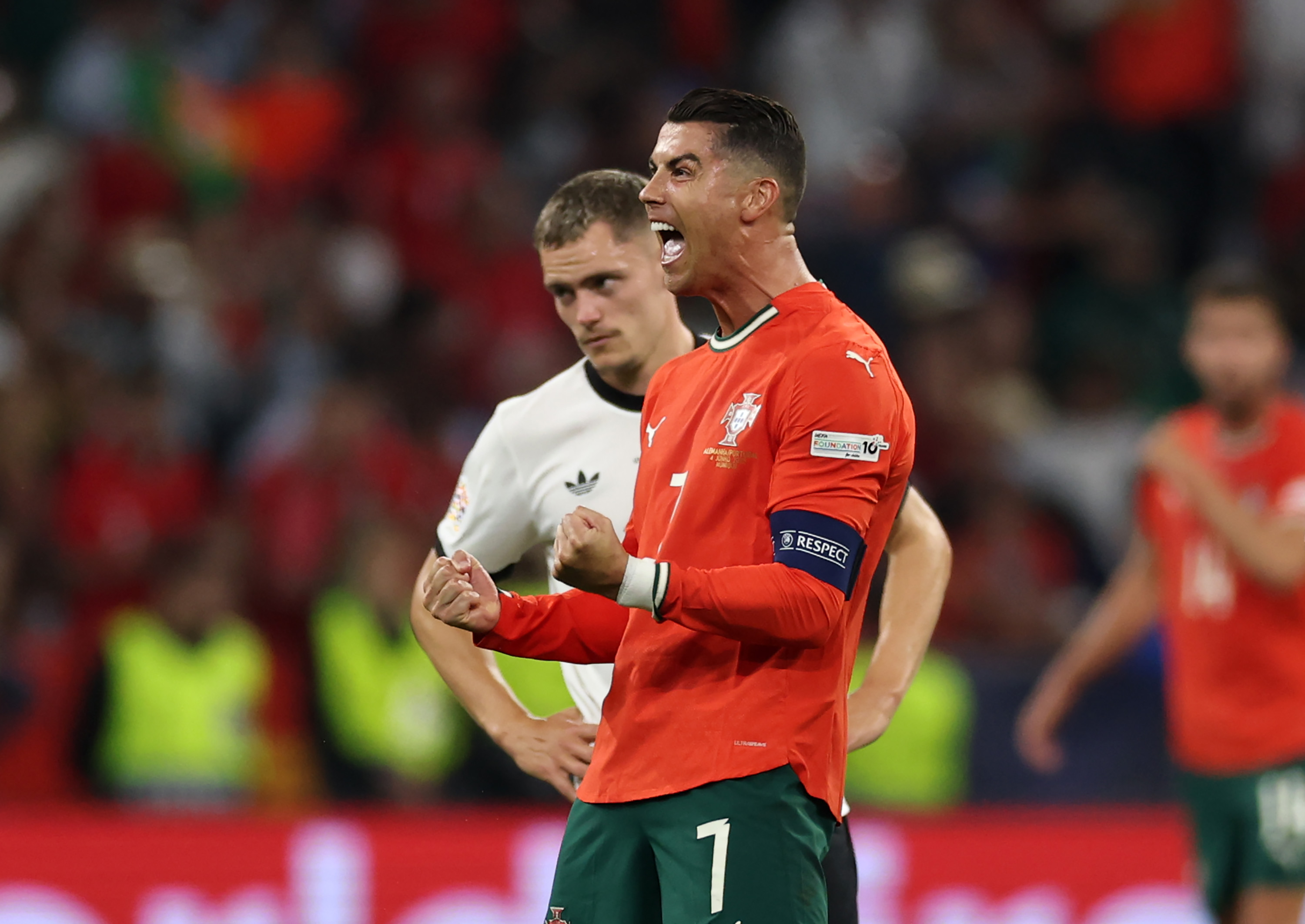 Cristiano Ronaldo of Portugal celebrates scoring his team's second goal during the UEFA Nations League 2025 semifinal match between Germany and Portugal