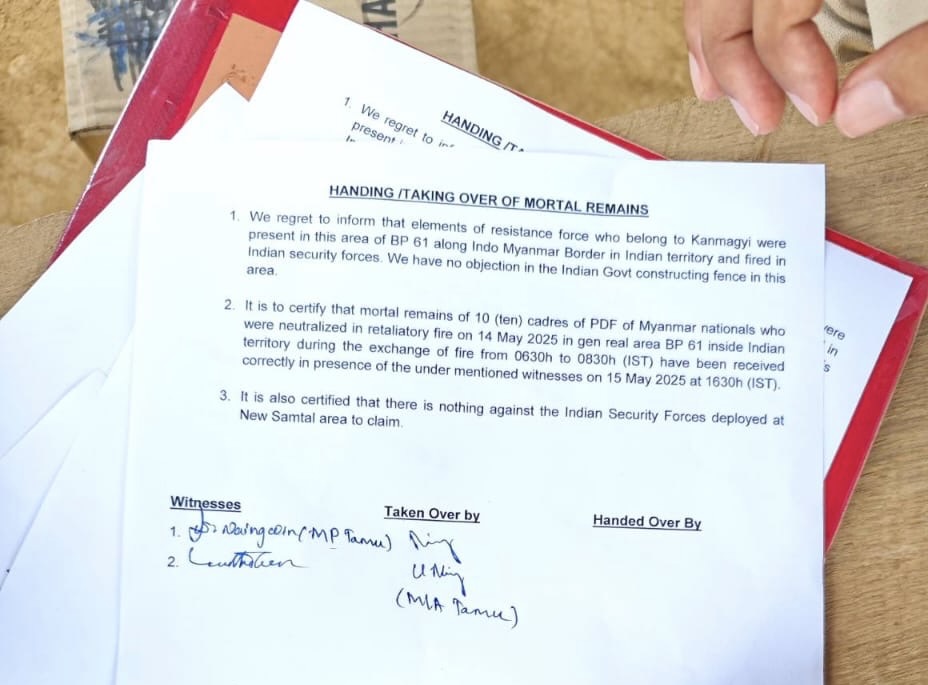 A document that the officials in Tamu, Myanmar, said that Indian security forces gave to them to sign, in order to be get back the bodies [Photo courtesy the National Unity Government of Myanmar]