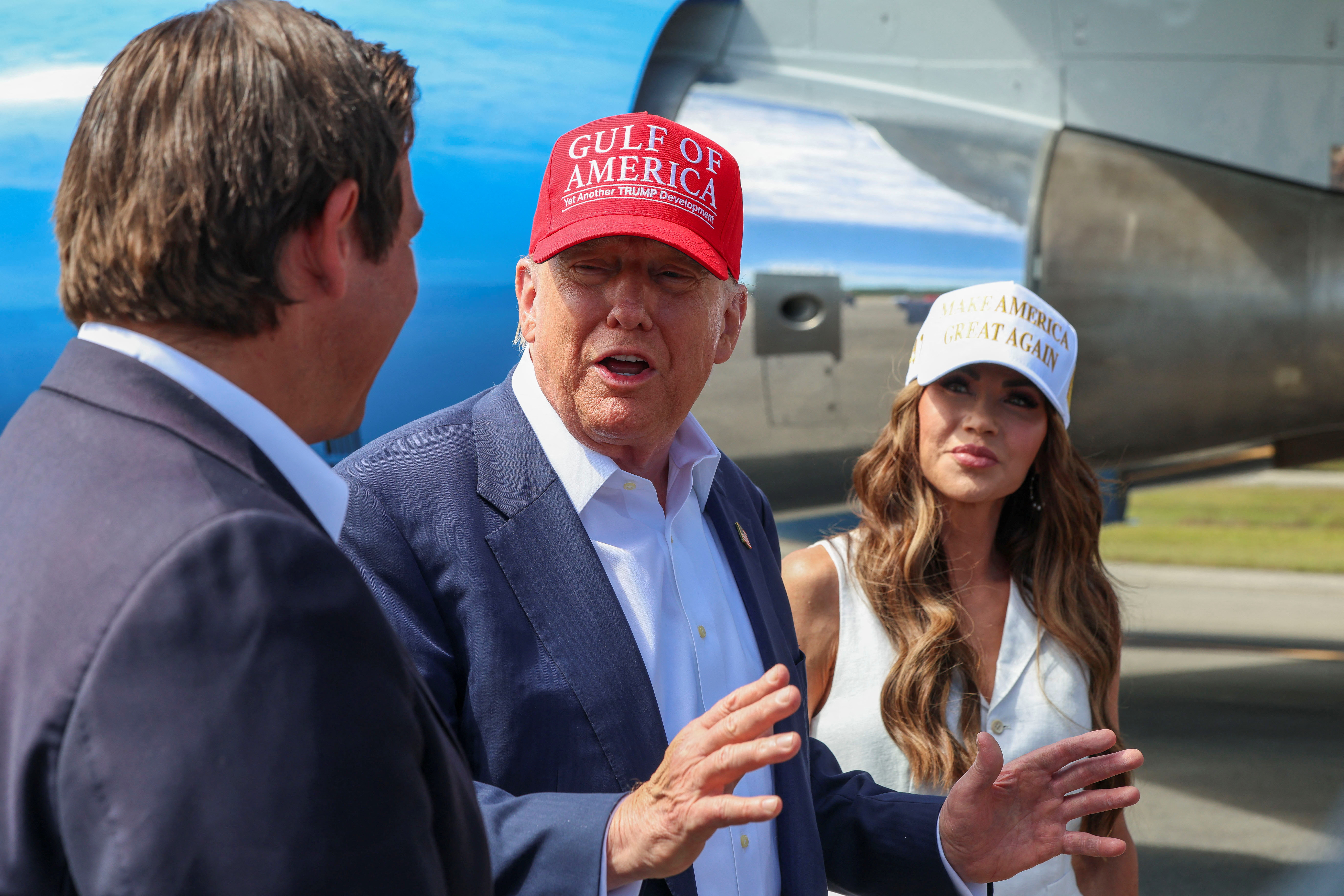 Ron DeSantis, Donald Trump and Kristi Noem at the site of the so-called Alligator Alcatraz.