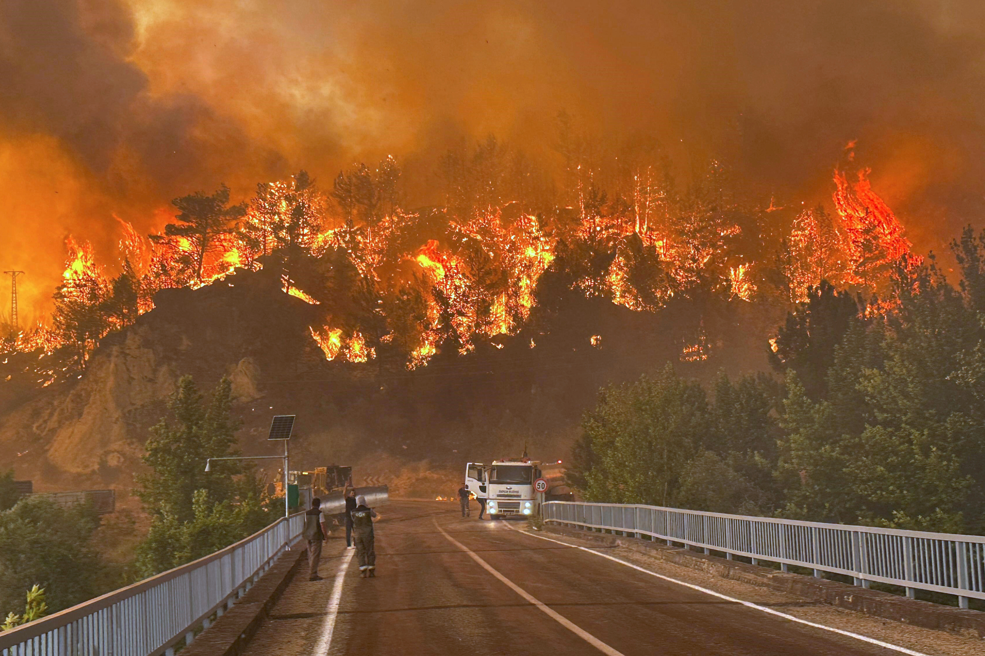 A wildfire rages across a forested area near Cavuslar village, in Karabuk district, northwest Turkey
