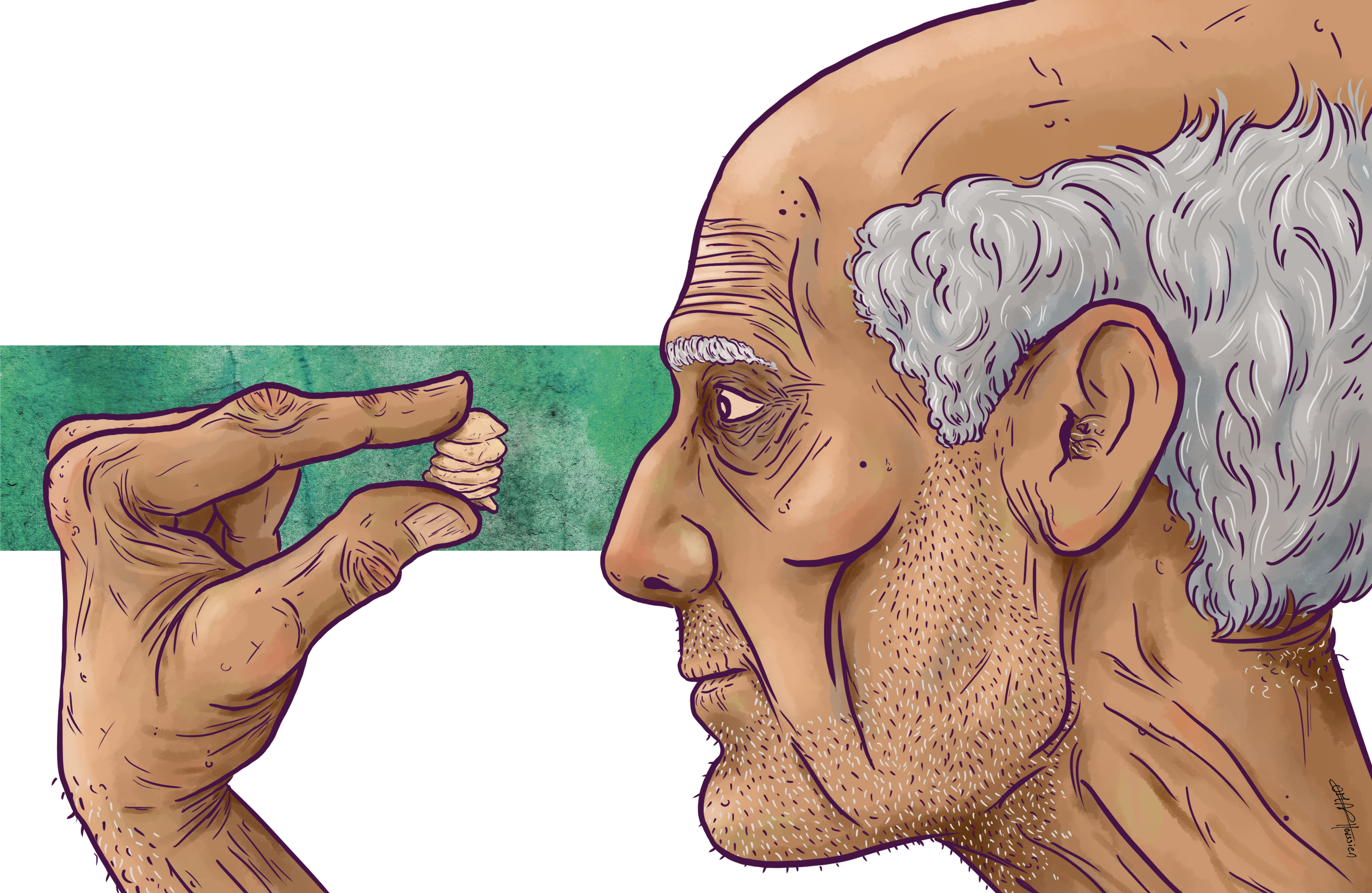 An old, emaciated man looks longingly at the phantom of bread that used to be available. he has no food and no hope of finding food