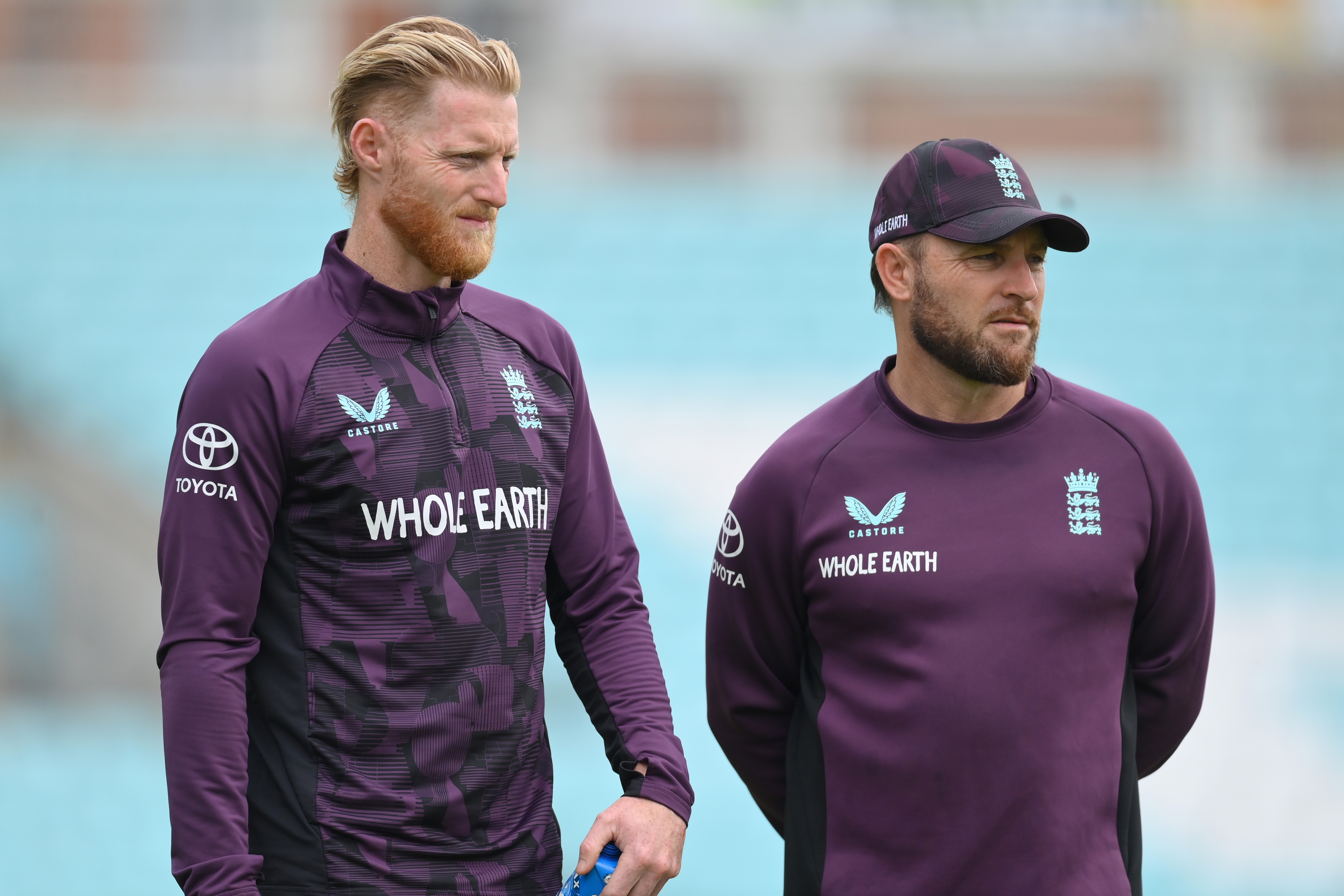England captain Ben Stokes with coach Brendon McCullum during a net session at The Kia Oval