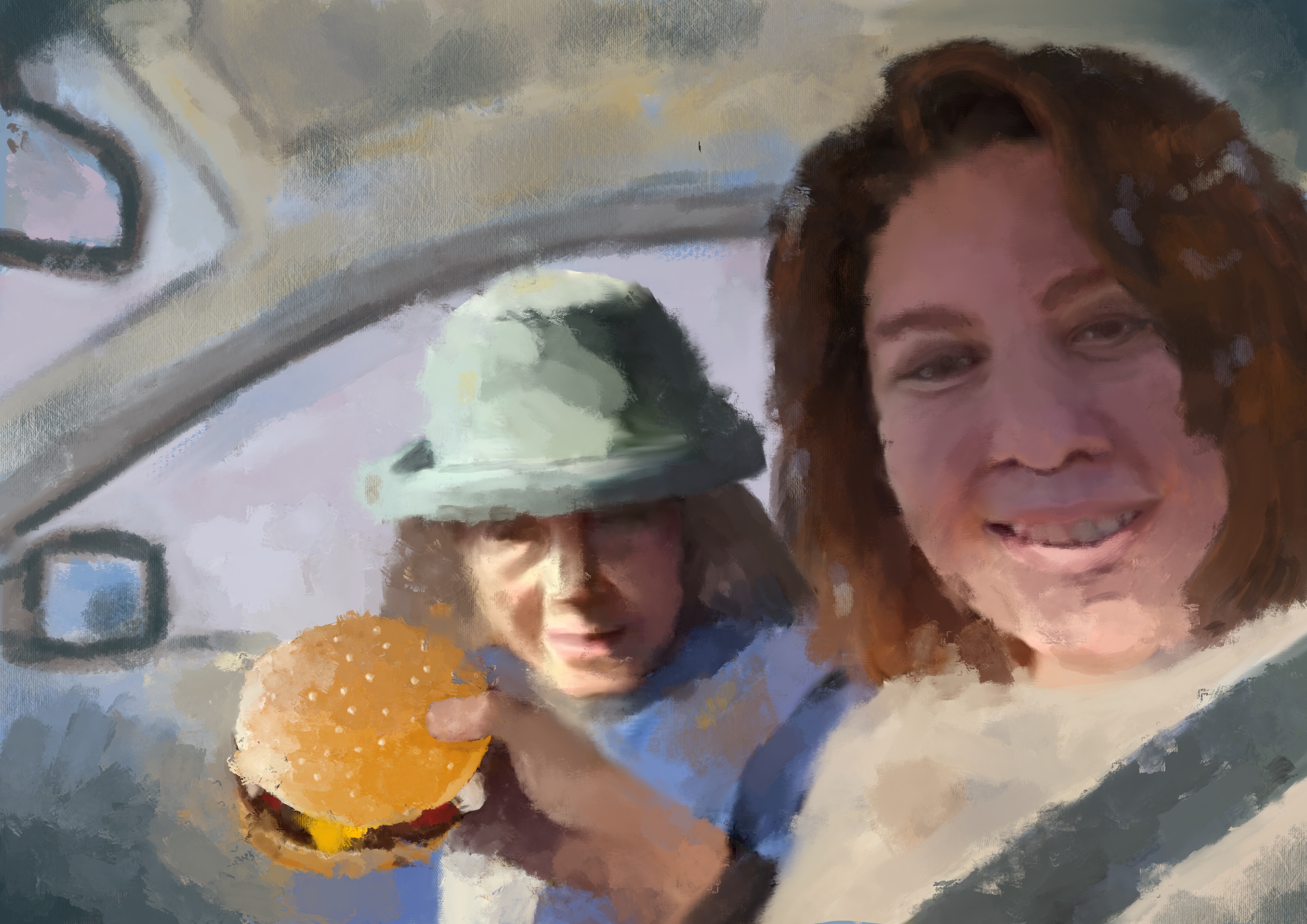 An illustration of the writer and her mother at a McDonald's drive through