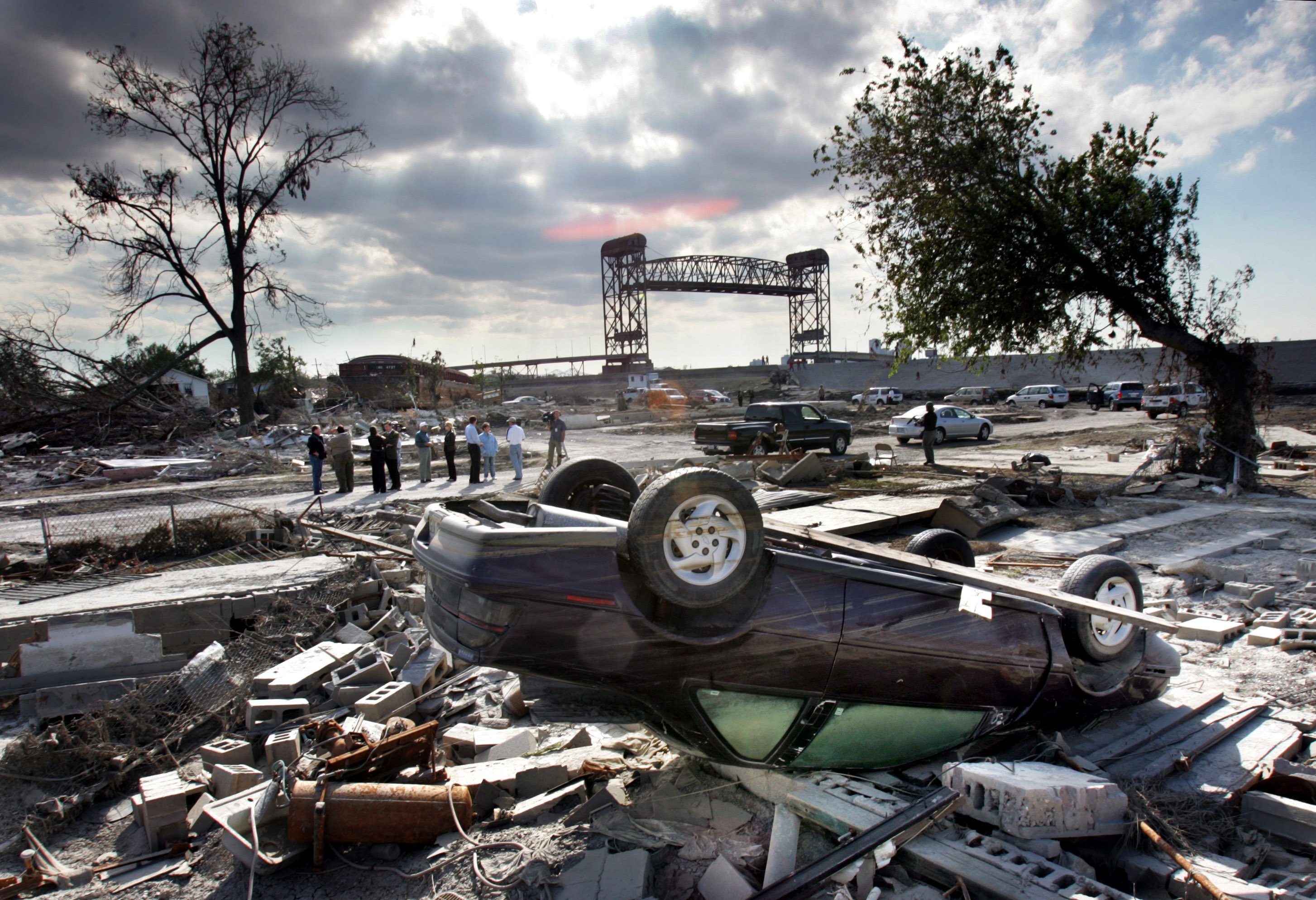 A car is overturned after Hurricane Katrina