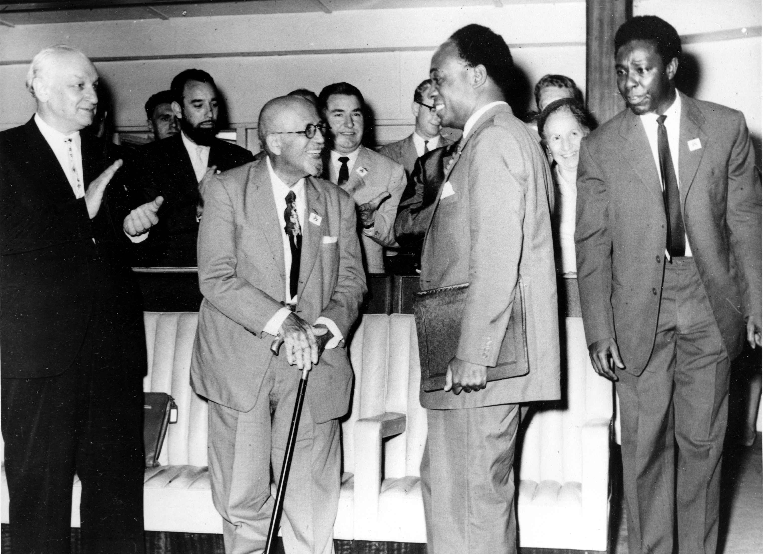 President of Ghana, Kwame Nkrumah, second from right, talks with 93-year-old American scholar W E B Du Bois shortly before opening the World Peace Conference in Accra, Ghana, on June 21, 1962 [AP Photo]