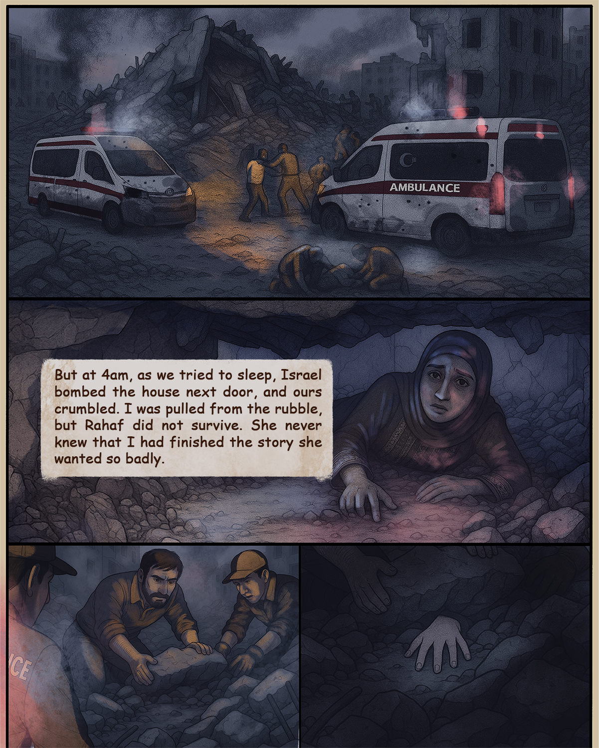 SHahd continues: But at 4am, as we tried to sleep, Israel bombed the house next door, and ours crumbled. I was pulled from the rubble, but Rahaf did not survive. She never knew that I had finished the story she wanted so badly.