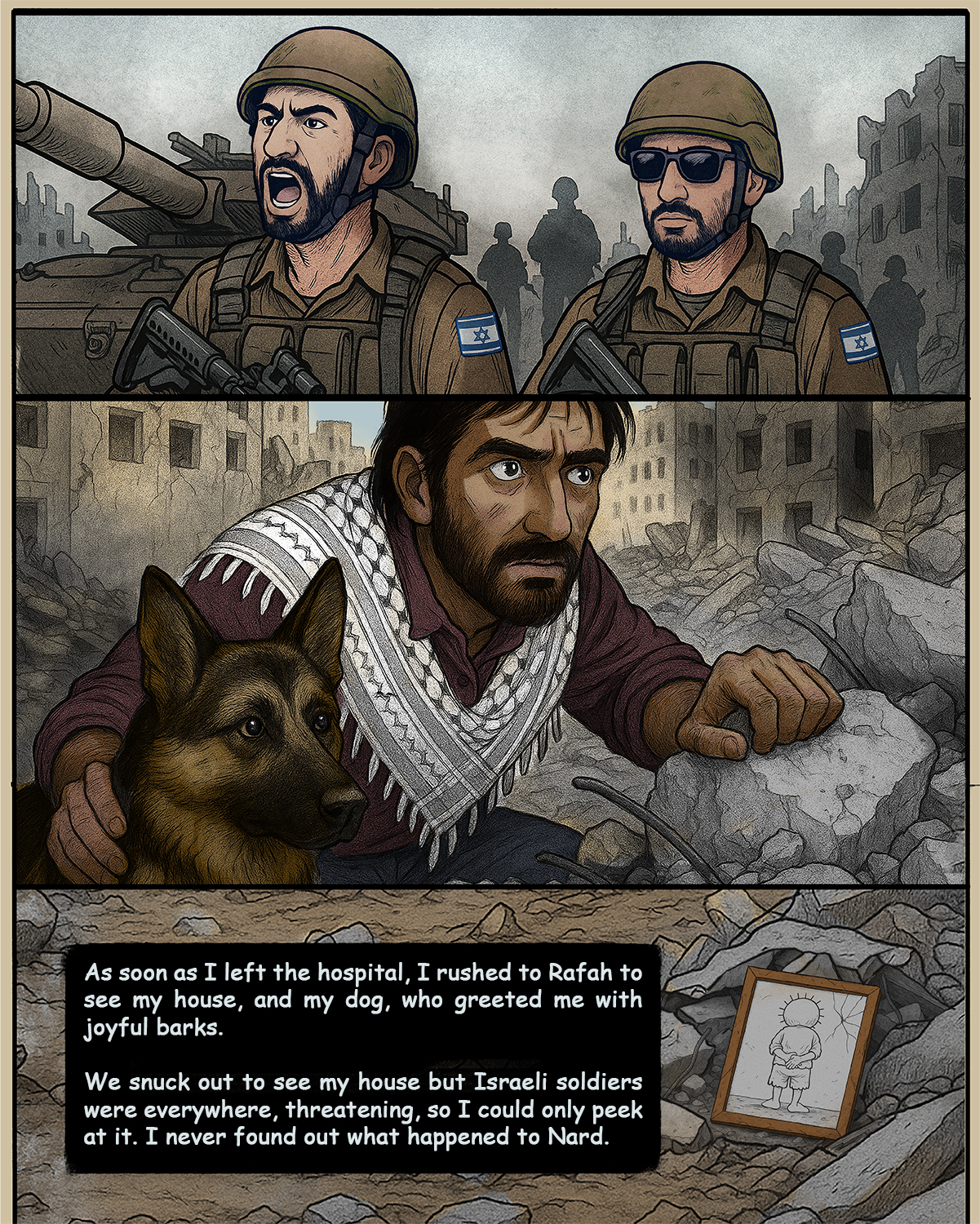 Hamed speaks: As soon as I left the hospital, I rushed to Rafah to see my house, and my dog, who greeted me with joyful barks. We snuck out to see my house but Israeli soldiers were everywhere, threatening, so I could only peek at it. I never found out what happened to Nard.