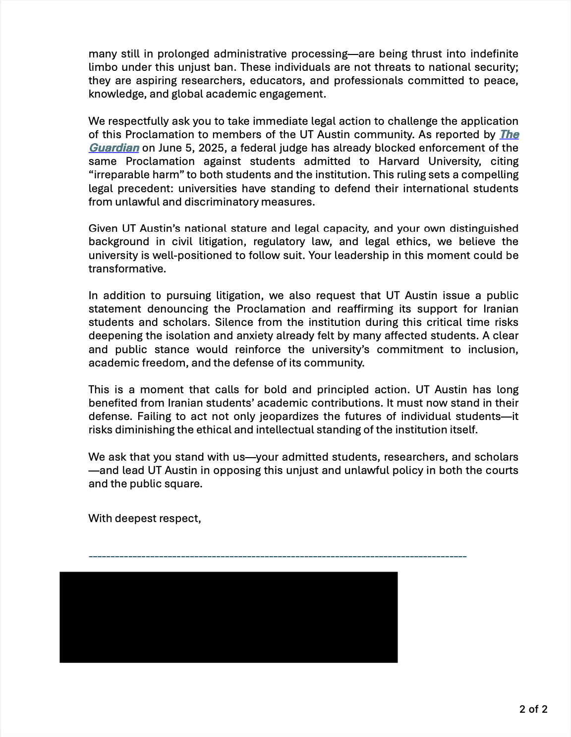 Page two of letter to the University of Texas at Austin dated July 21, 2025.