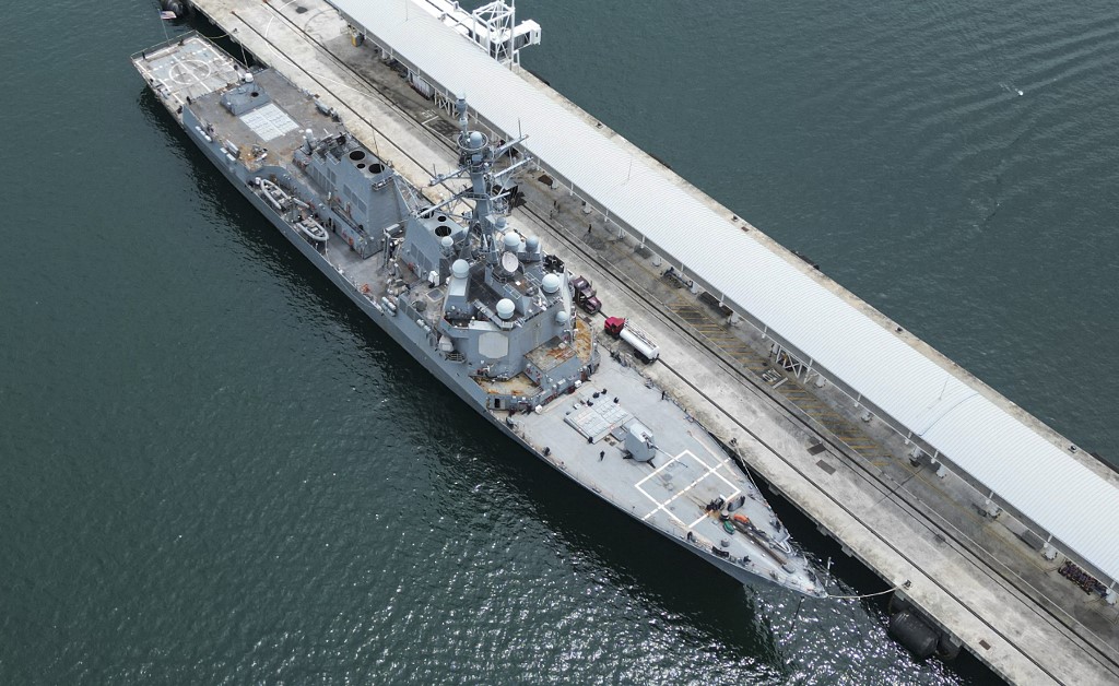 The US Navy warship USS Sampson (DDG 102) docks at the Amador International Cruise Terminal in Panama City on September 02, 2025. [Martin Bernetti/AFP]